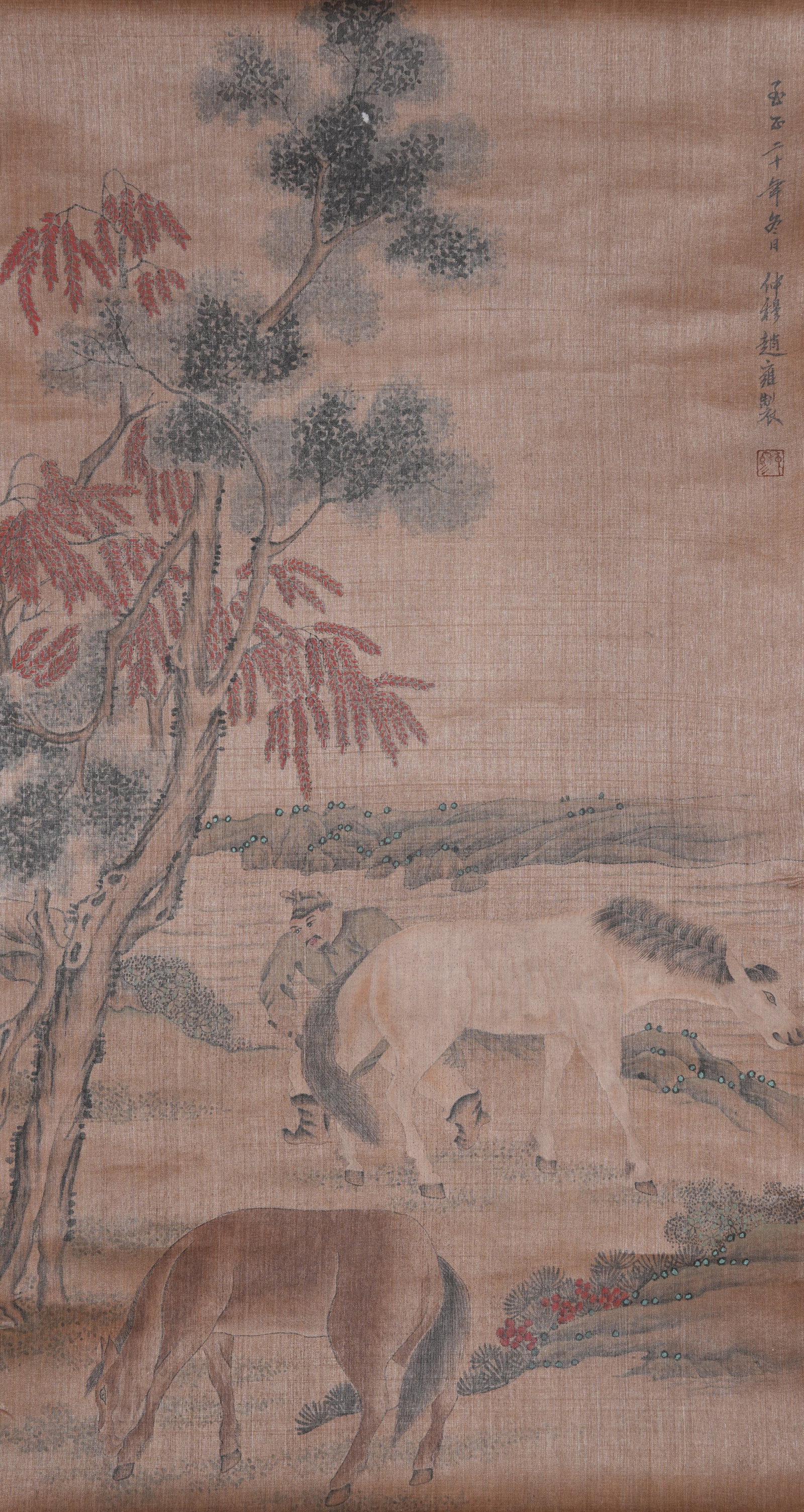 A HUMAN AND HORSE PAINTING ON SILK BY ZHAO YONG.趙雍: Human and Horse Painting on Silk by Zhao Yong.趙雍