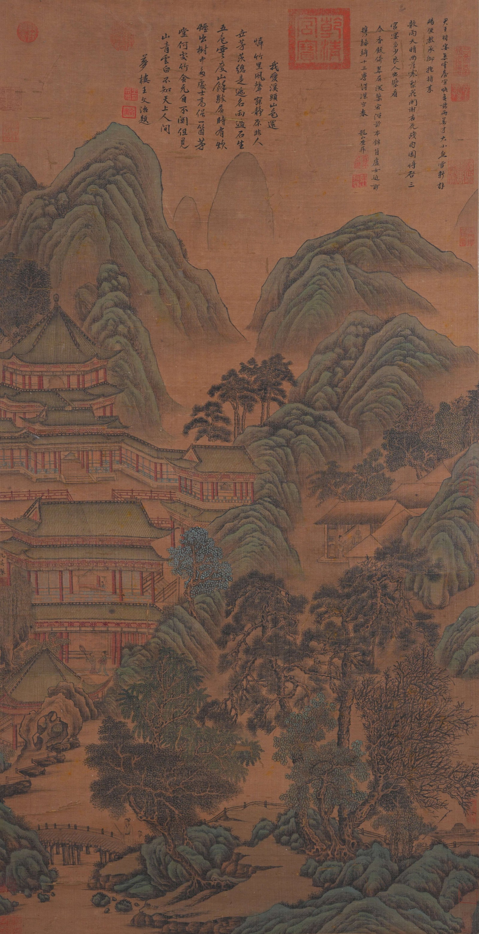 A LANDSCAPE AND PAVILION PAINTING ON SILK BY QIU YING.仇英: Landscape and Pavilion Painting on Silk by Qiu Ying.仇英