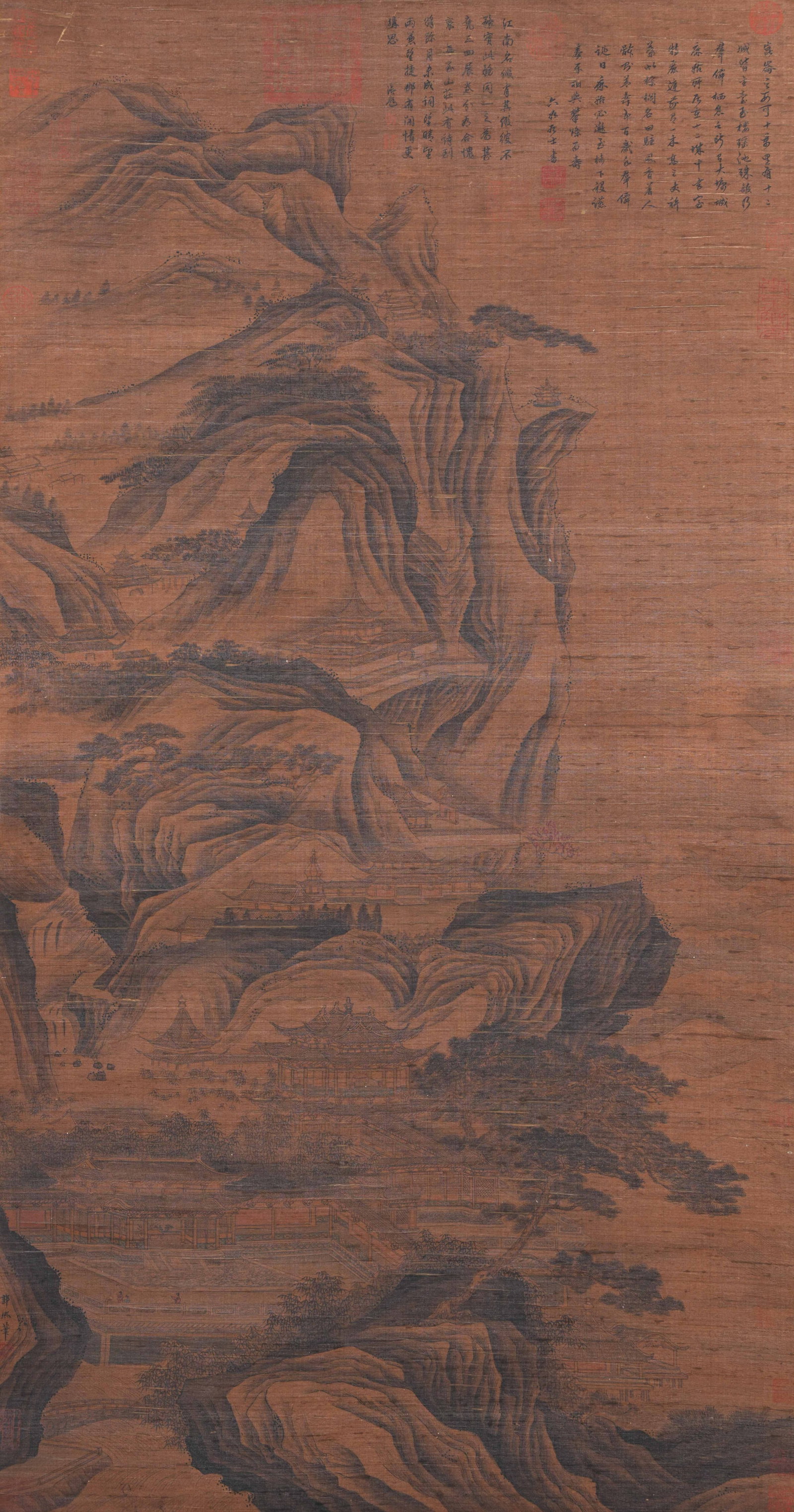 A LANDSCAPE AND PAVILION PAINTING ON SILK BY GUO XI.郭熙: Landscape and Pavilion Painting on Silk by Guo Xi.郭熙