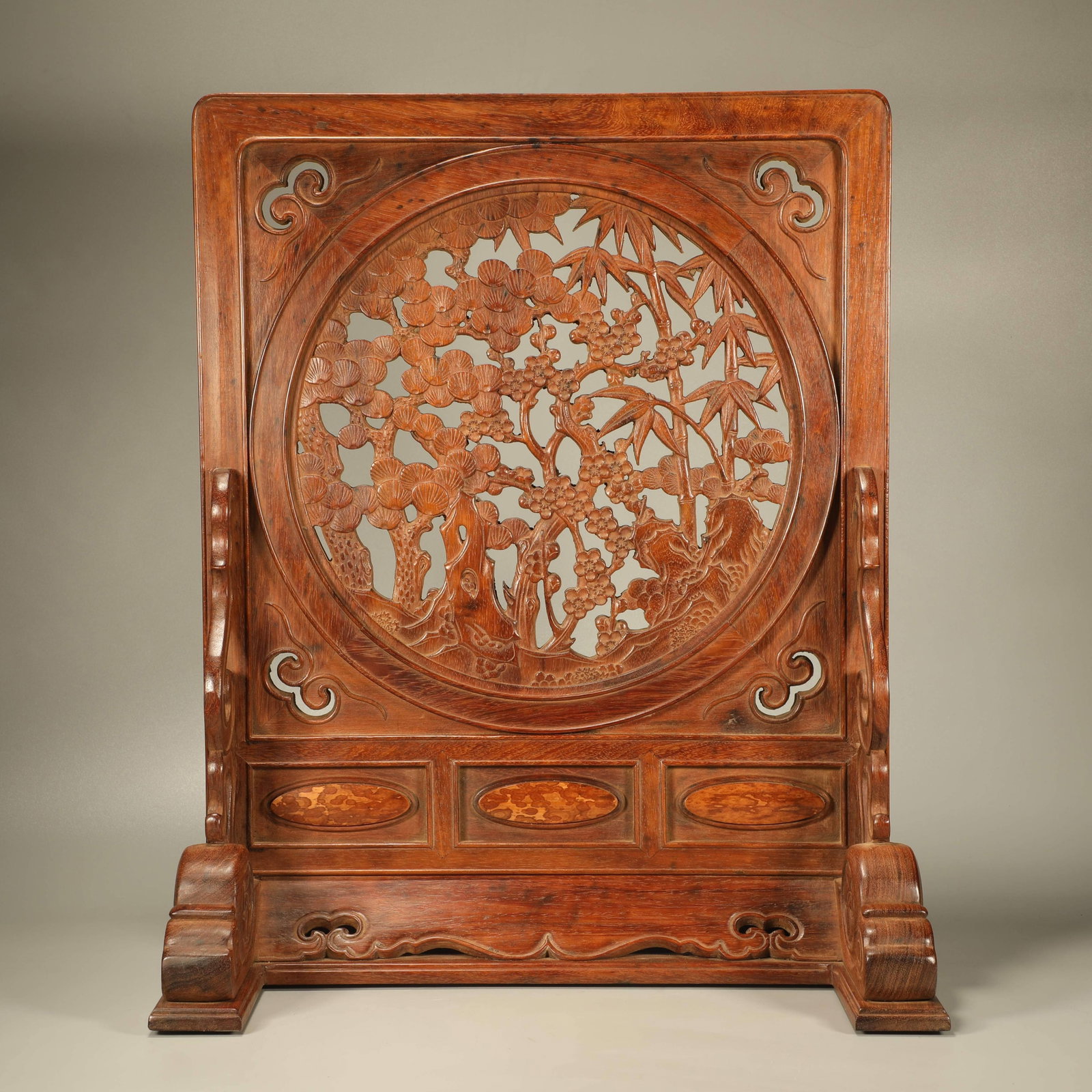 A HUANGHUALI HOLLOW-CARVED TABLE SCREEN WITH PINE, BAMBOO AND PLUM BLOSSOM (1 of 7)