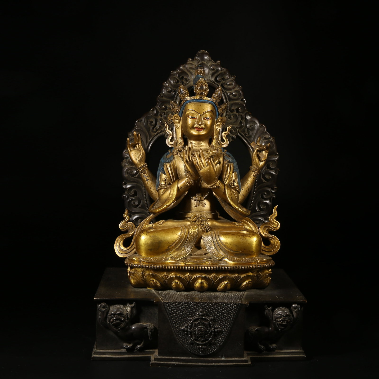 A GILT-BRONZE STATUE OF FOUR-ARMED AVALOKITESHVARA: Gilt-Bronze Statue of Four-Armed Avalokiteshvara