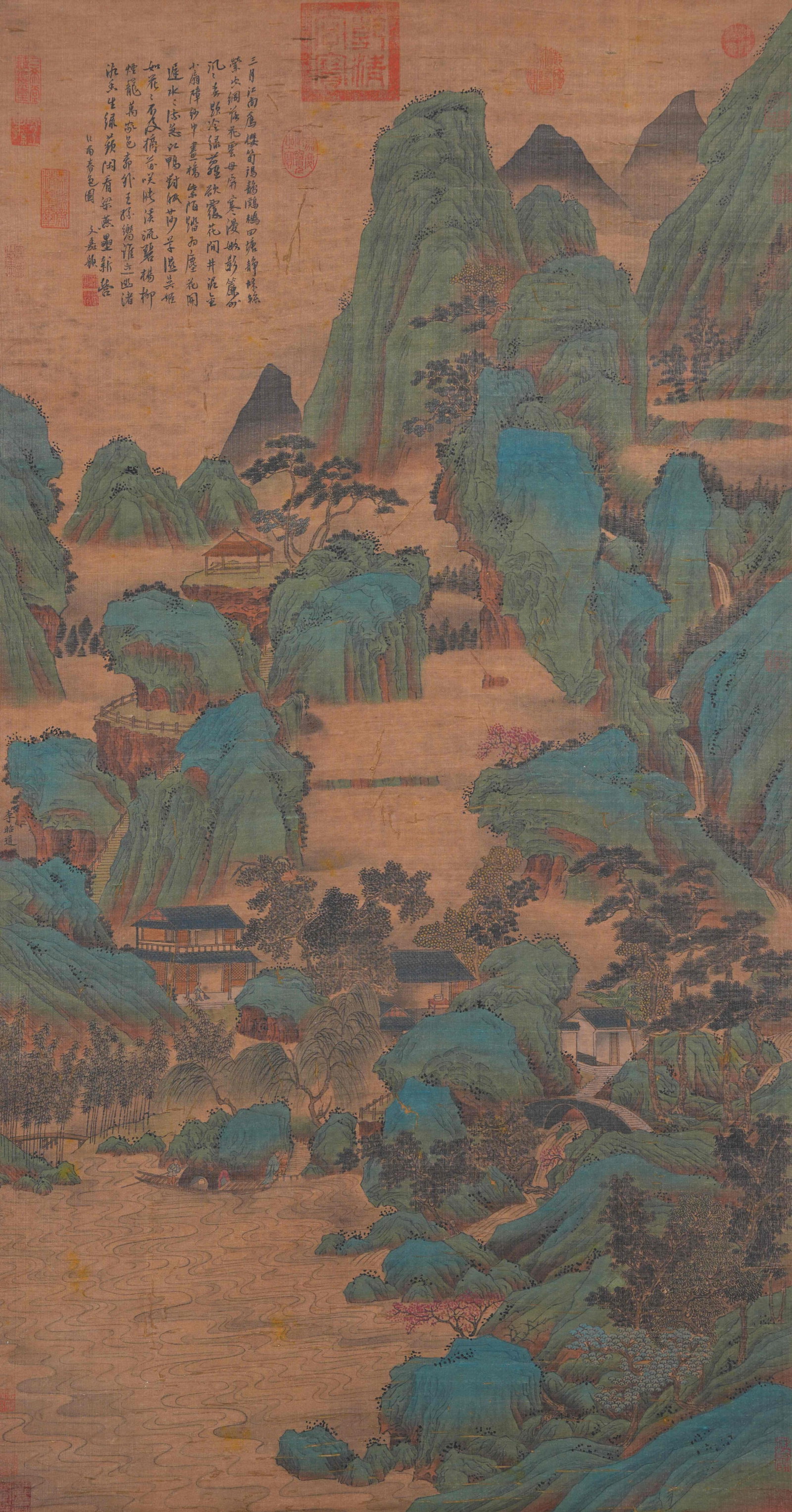 A LANDSCAPE PAINTING ON SILK BY LI ZHAODAO.李昭道: Landscape Painting on Silk by Li Zhaodao.李昭道