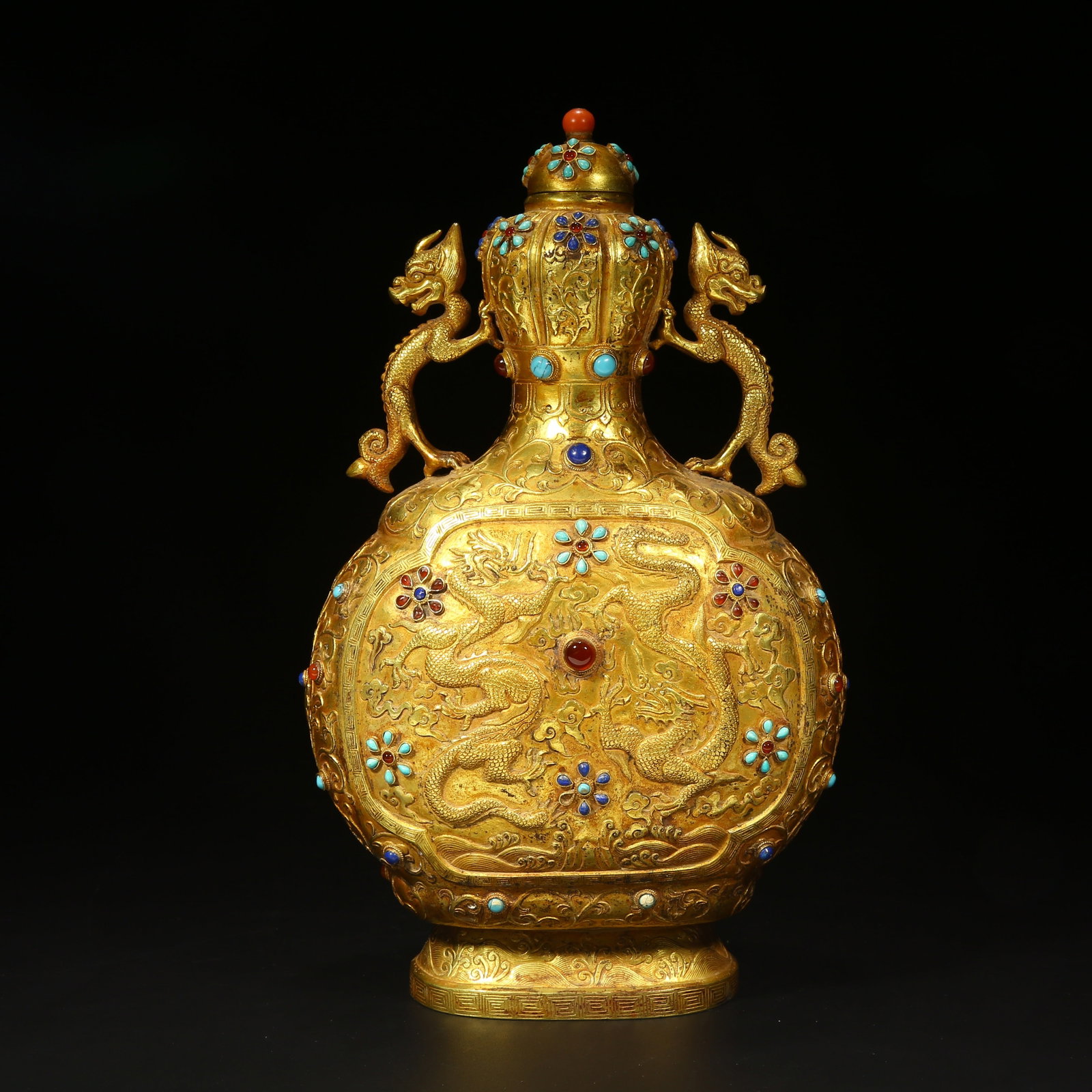 A BRONZE GILT GOURD-SHAPED VASE INLAID WITH PRECIOUS STONES AND DRAGON PATTERN: Bronze gilt gourd-shaped vase inlaid with precious stones and dragon pattern