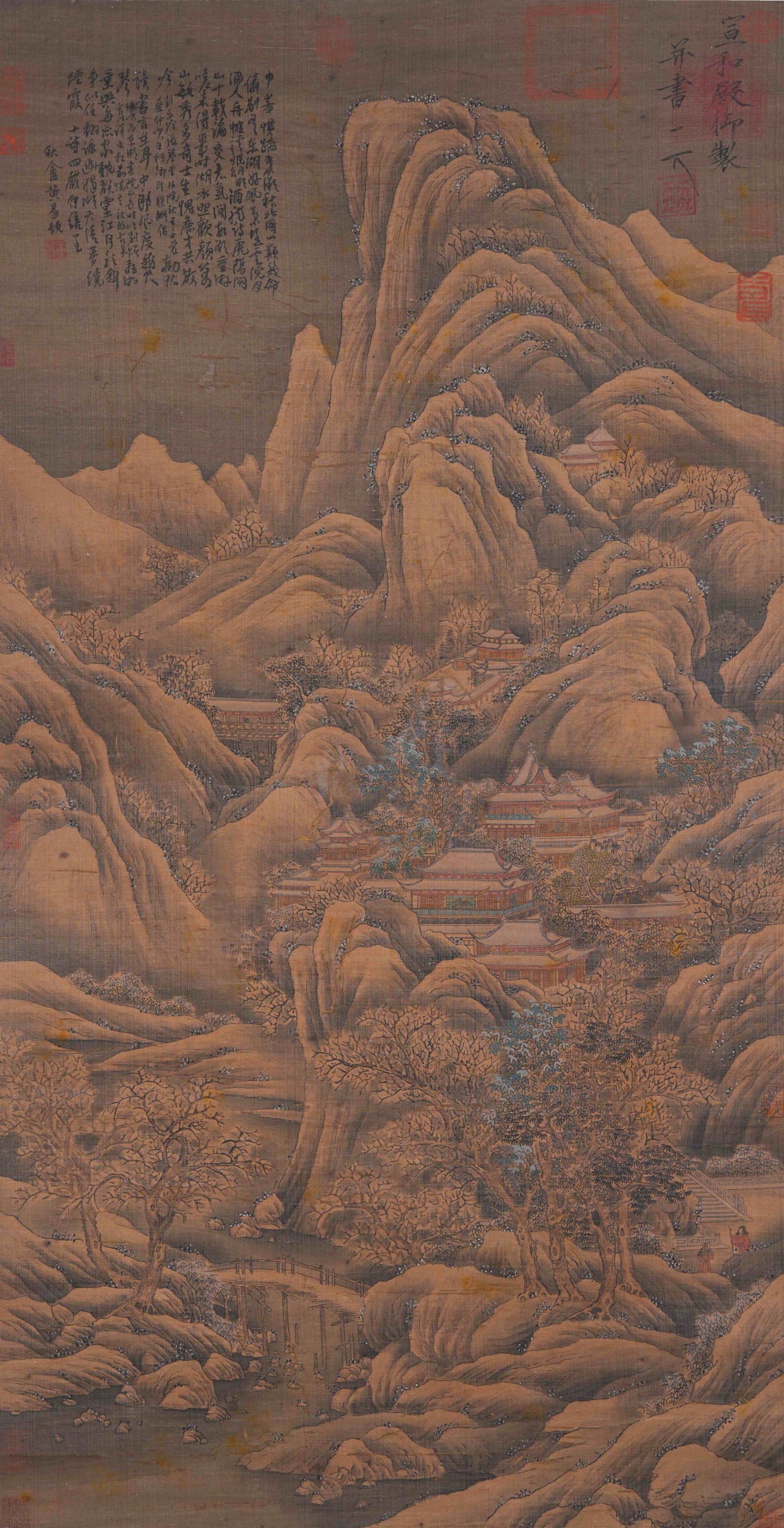 A LANDSCAPE AND PAVILION PAINTING ON SILK BY EMPEROR HUIZONG OF SONG.宋徽宗: Landscape and Pavilion Painting on Silk by Emperor Huizong of Song.宋徽宗