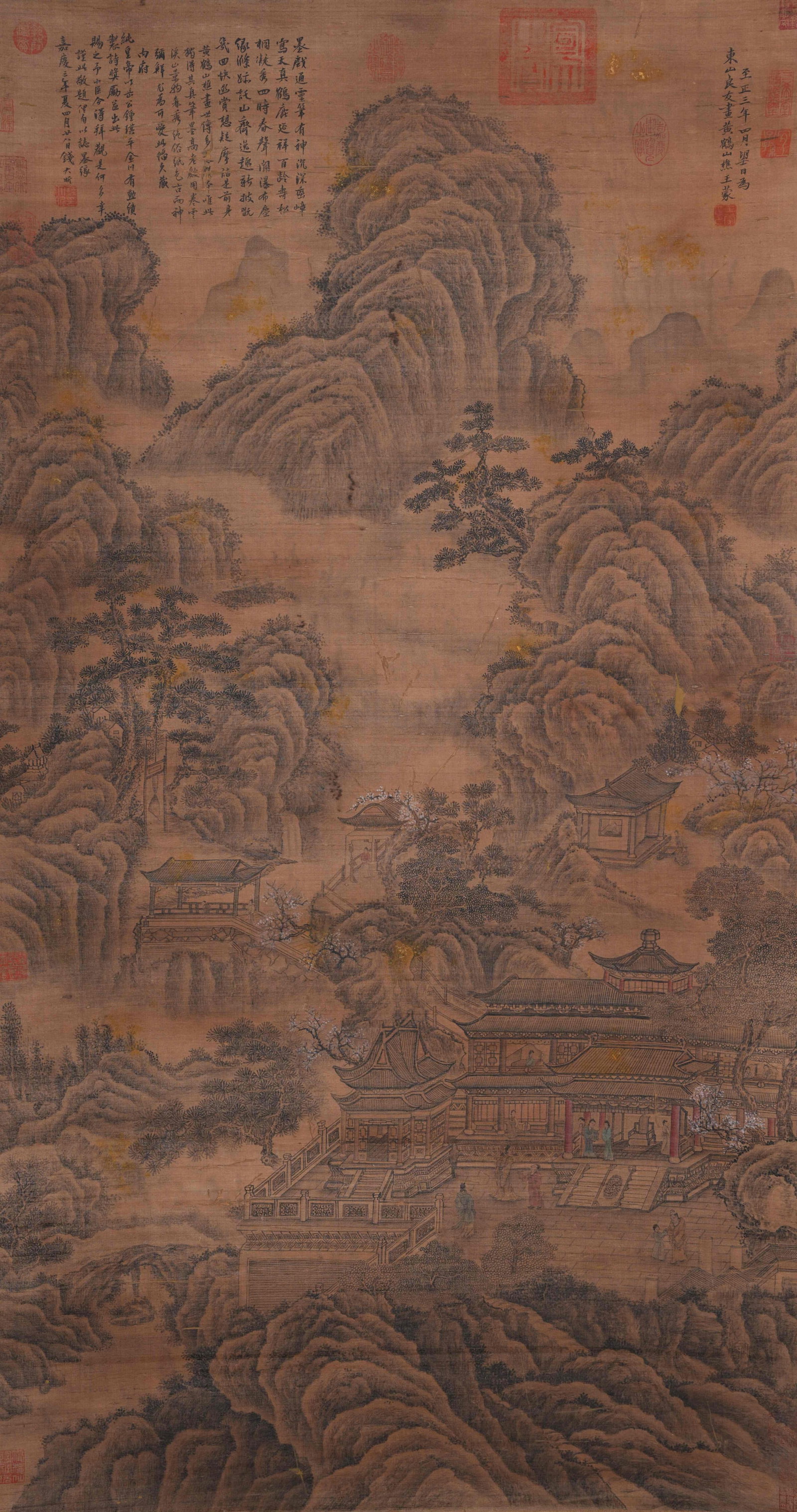 A LANDSCAPE AND PAVILION PAINTING ON SILK BY WANG MENG.王蒙: Landscape and Pavilion Painting on Silk by Wang Meng.王蒙