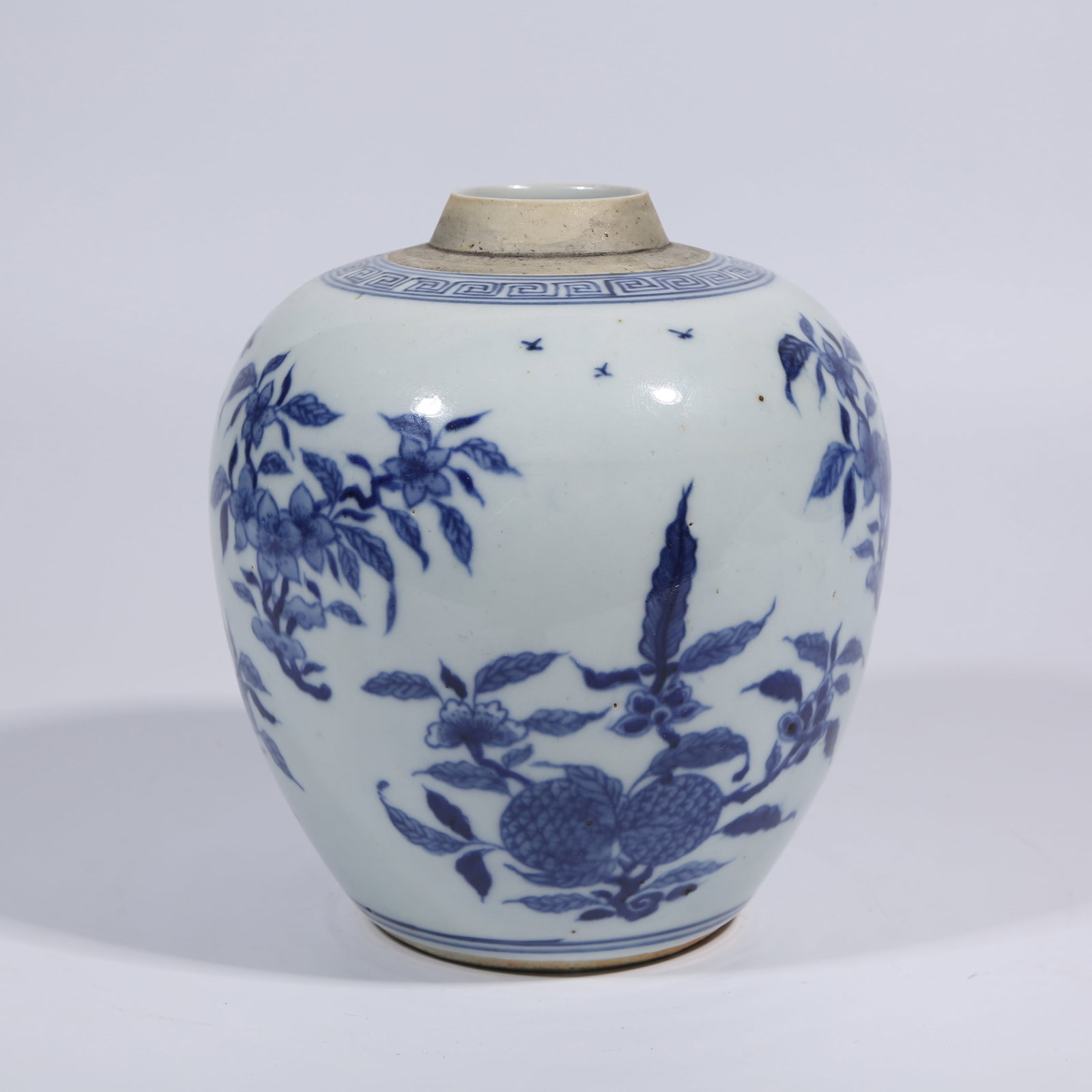 A BLUE-AND-WHITE JAR WITH FLORAL AND BUTTERFLY PATTERN: Blue-and-White Jar with Floral and Butterfly Pattern