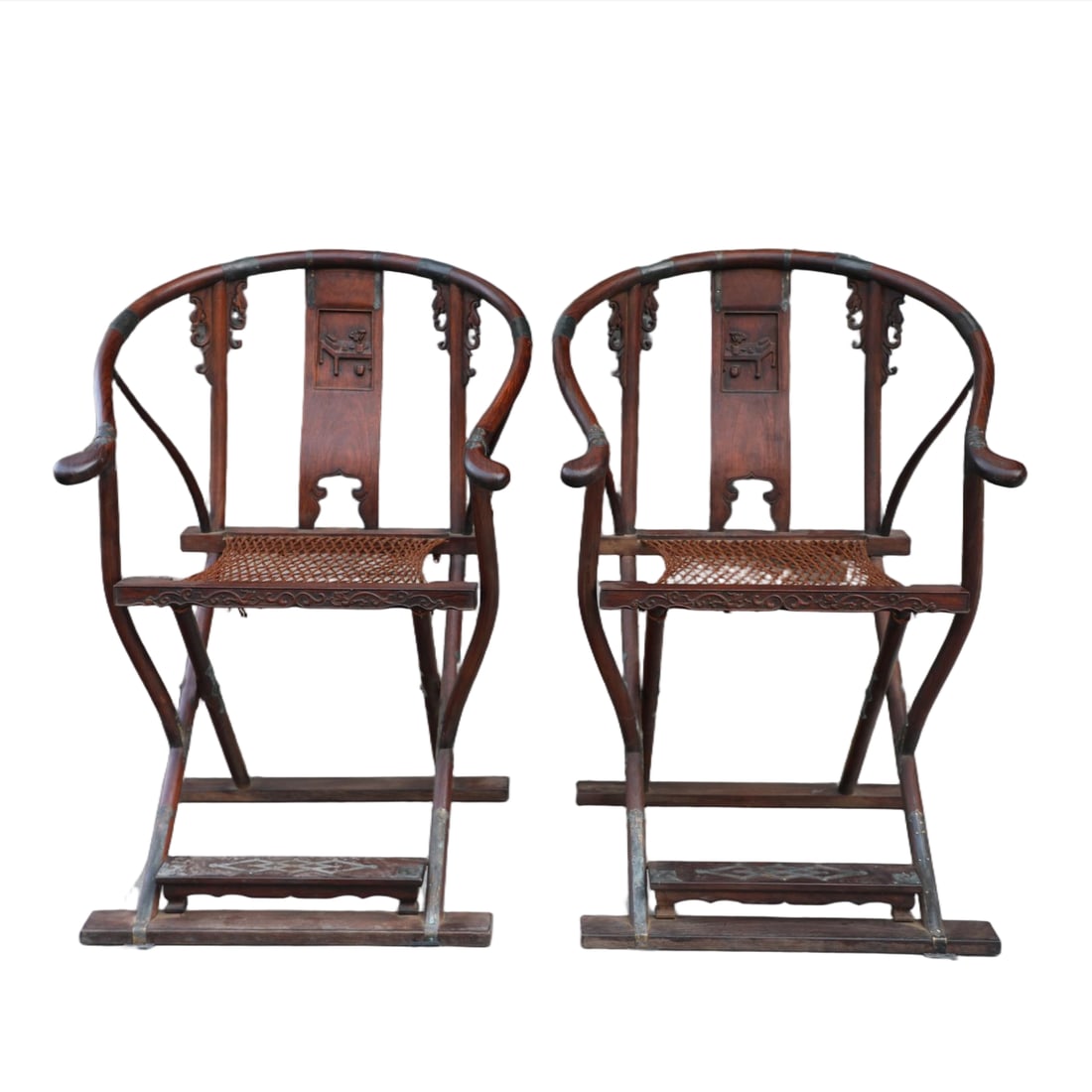A PAIR OF HUANGHUALI FOLDING CHAIRS CARVED WITH ANTIQUE PATTERNS (1 of 7)