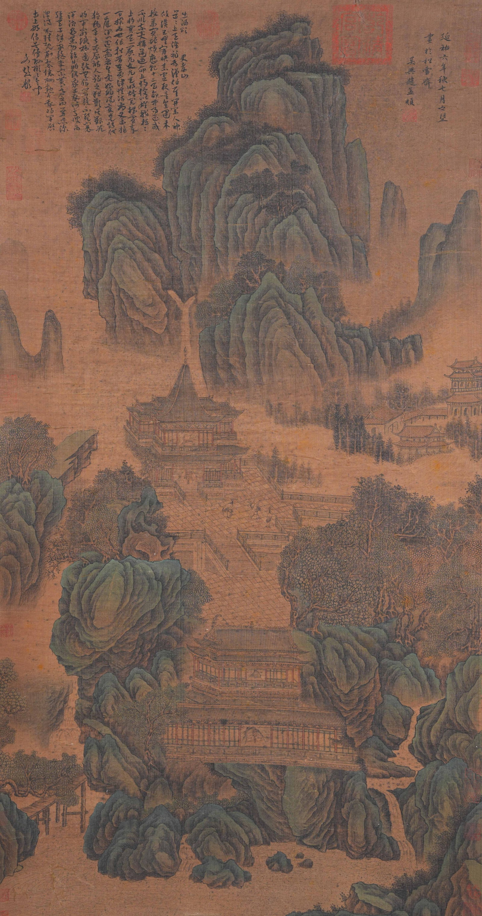 A LANDSCAPE AND PAVILION PAINTING ON SILK BY ZHAO MENGFU.趙孟頫: Landscape and Pavilion Painting on Silk by Zhao Mengfu.趙孟頫