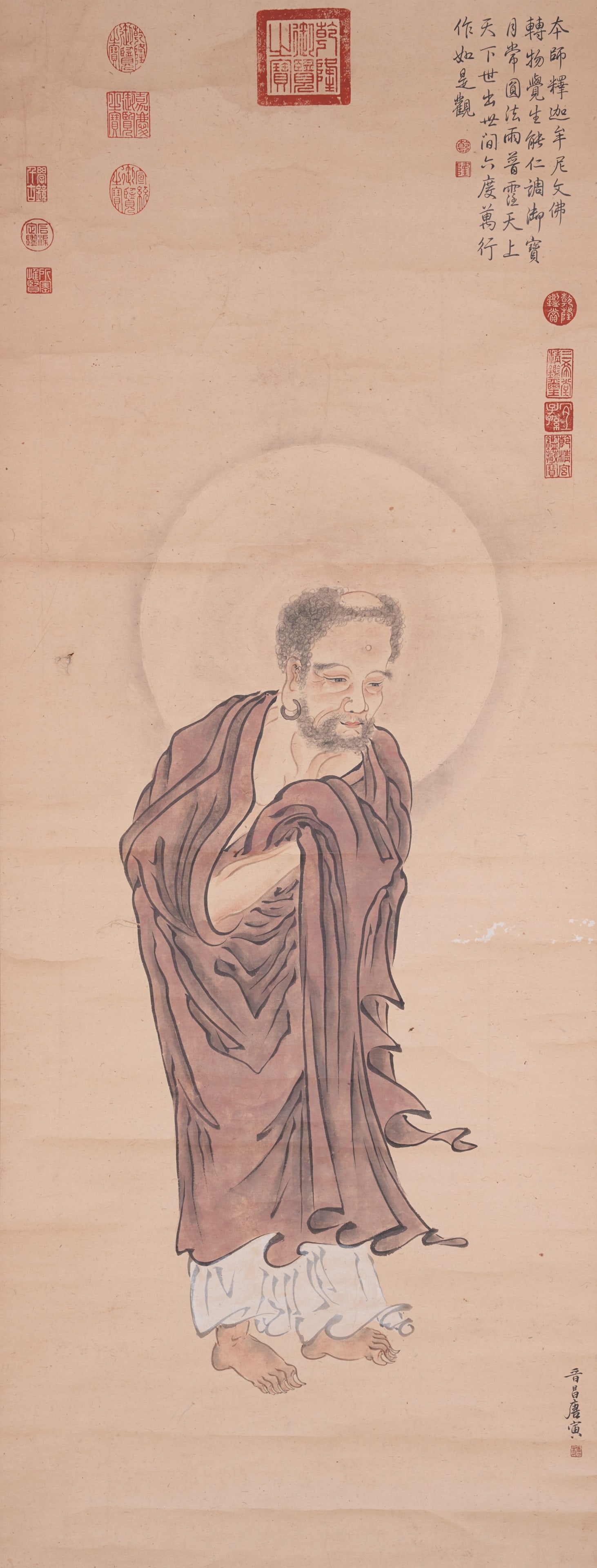 A BUDDHA PAINTING ON PAPER BY TANG BOHU.唐伯虎: Buddha Painting on Paper by Tang Bohu.唐伯虎