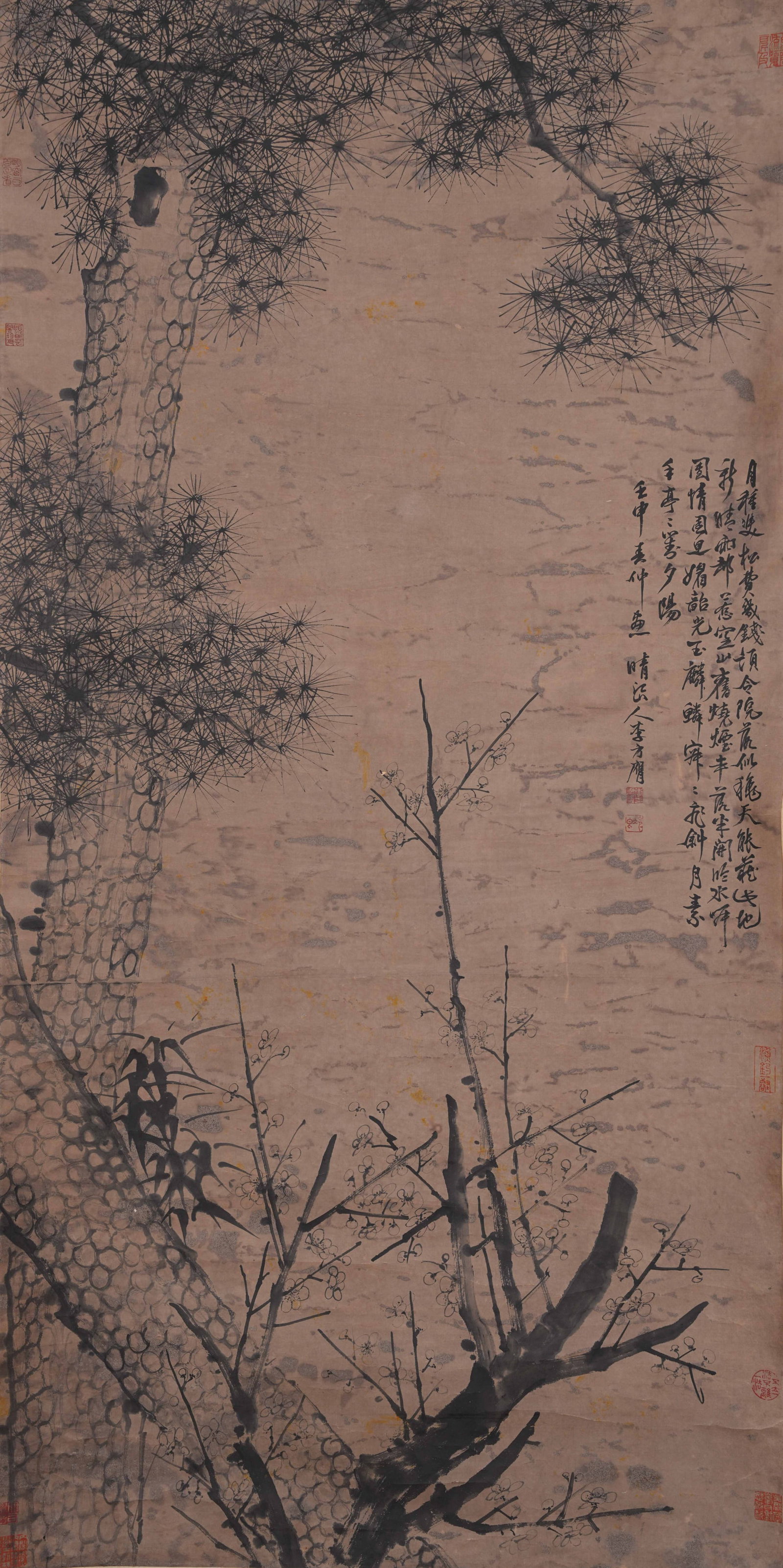 A THREE FRIENDS OF WINTER PAINTING ON PAPER BY LI FANGYING.李方膺: Three Friends of Winter Painting on Paper by Li Fangying.李方膺
