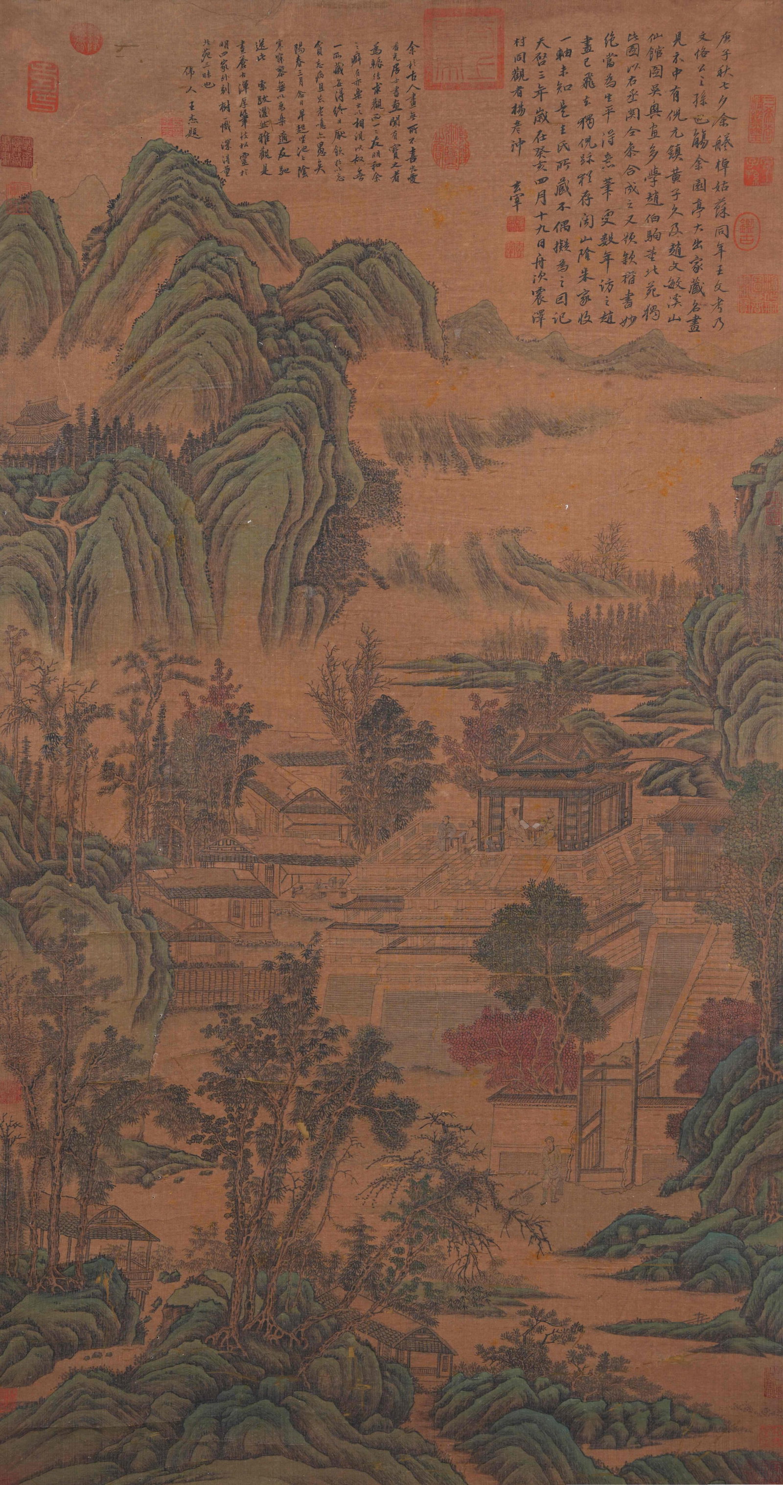 A LANDSCAPE AND PAVILION PAINTING ON SILK BY DONG QICHANG.董其昌: Landscape and Pavilion Painting on Silk by Dong Qichang.董其昌