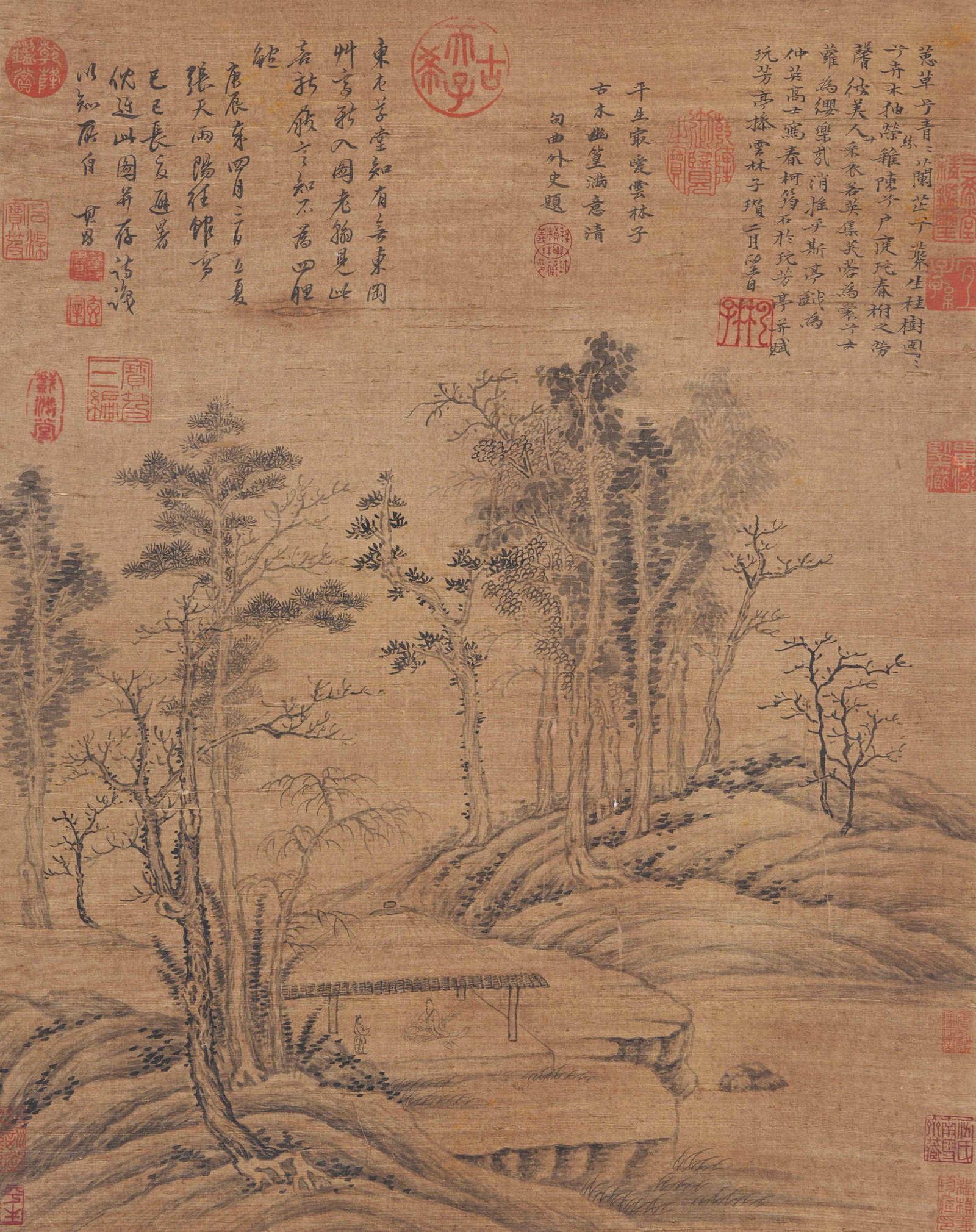 A LANDSCAPE PAINTING ON SILK BY NI ZAN.倪瓚: Landscape Painting on Silk by Ni Zan.倪瓚