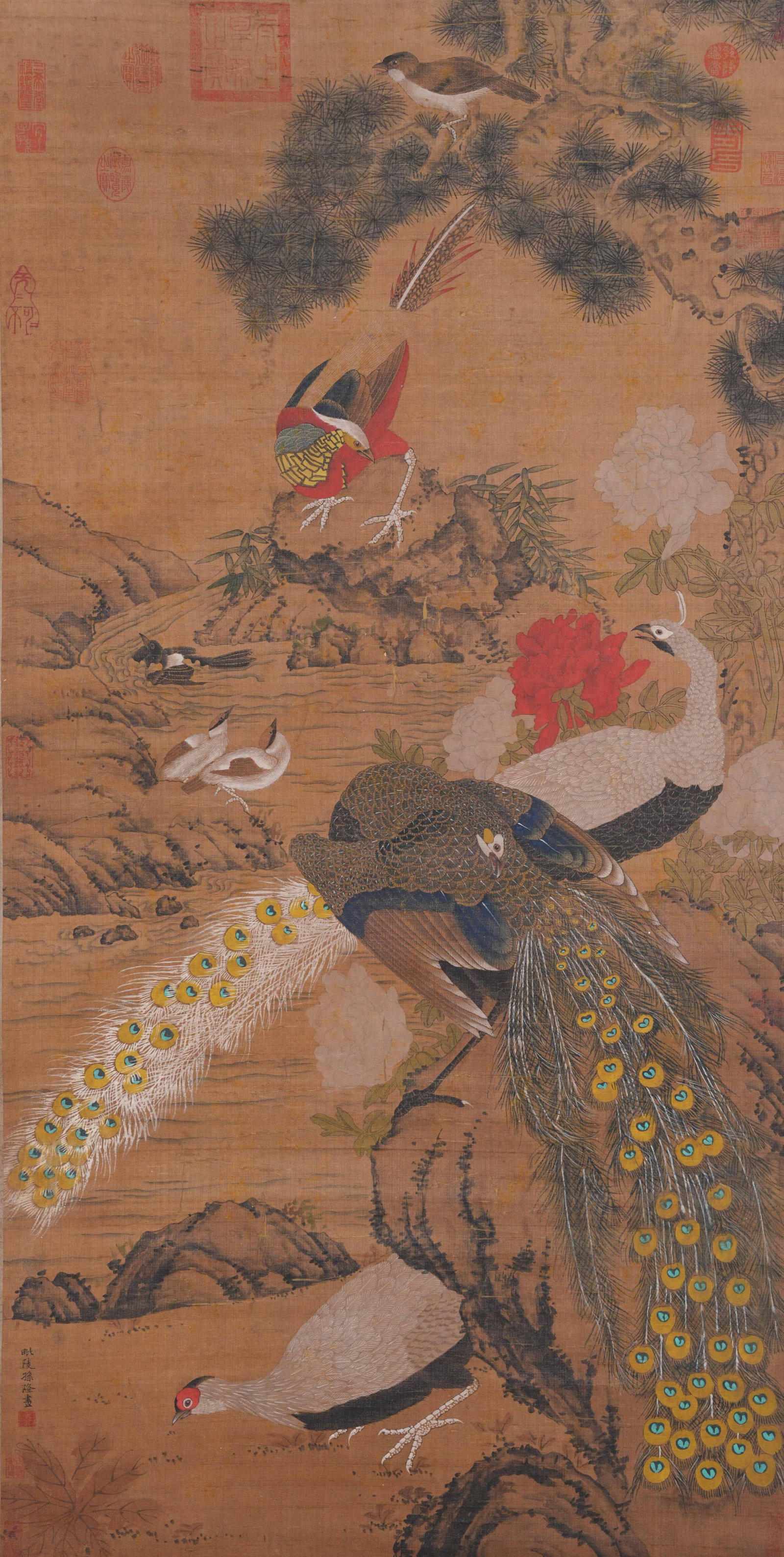 A FLOWER AND BIRD PAINTING ON SILK BY SUN LONG.孫隆: Flower and Bird Painting on Silk by Sun Long.孫隆