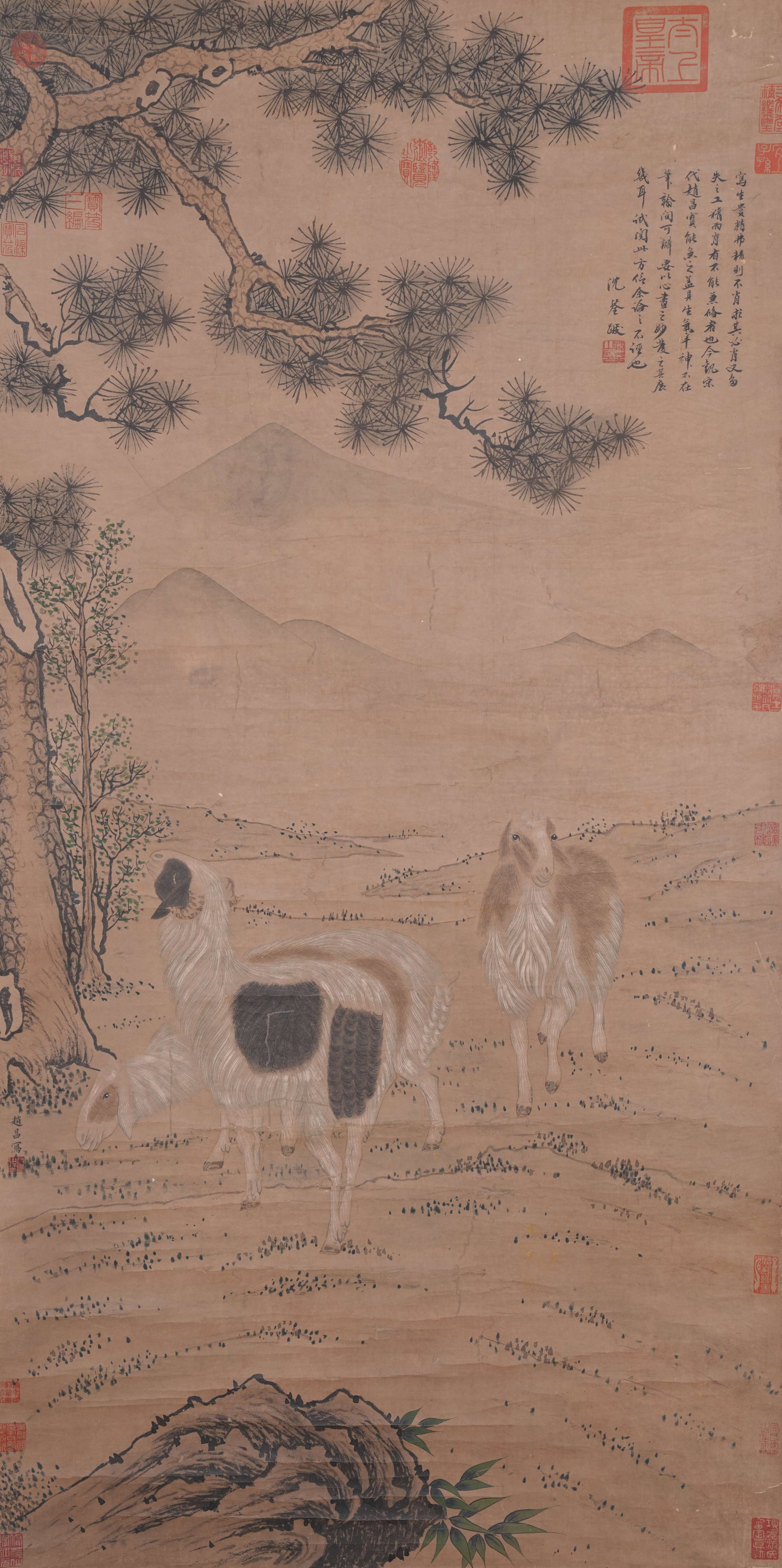 A THREE YANGS BRINGING BLISS PAINTING ON PAPER BY ZHAO CHANG.趙昌: Three Yangs Bringing Bliss Painting on Paper by Zhao Chang.趙昌