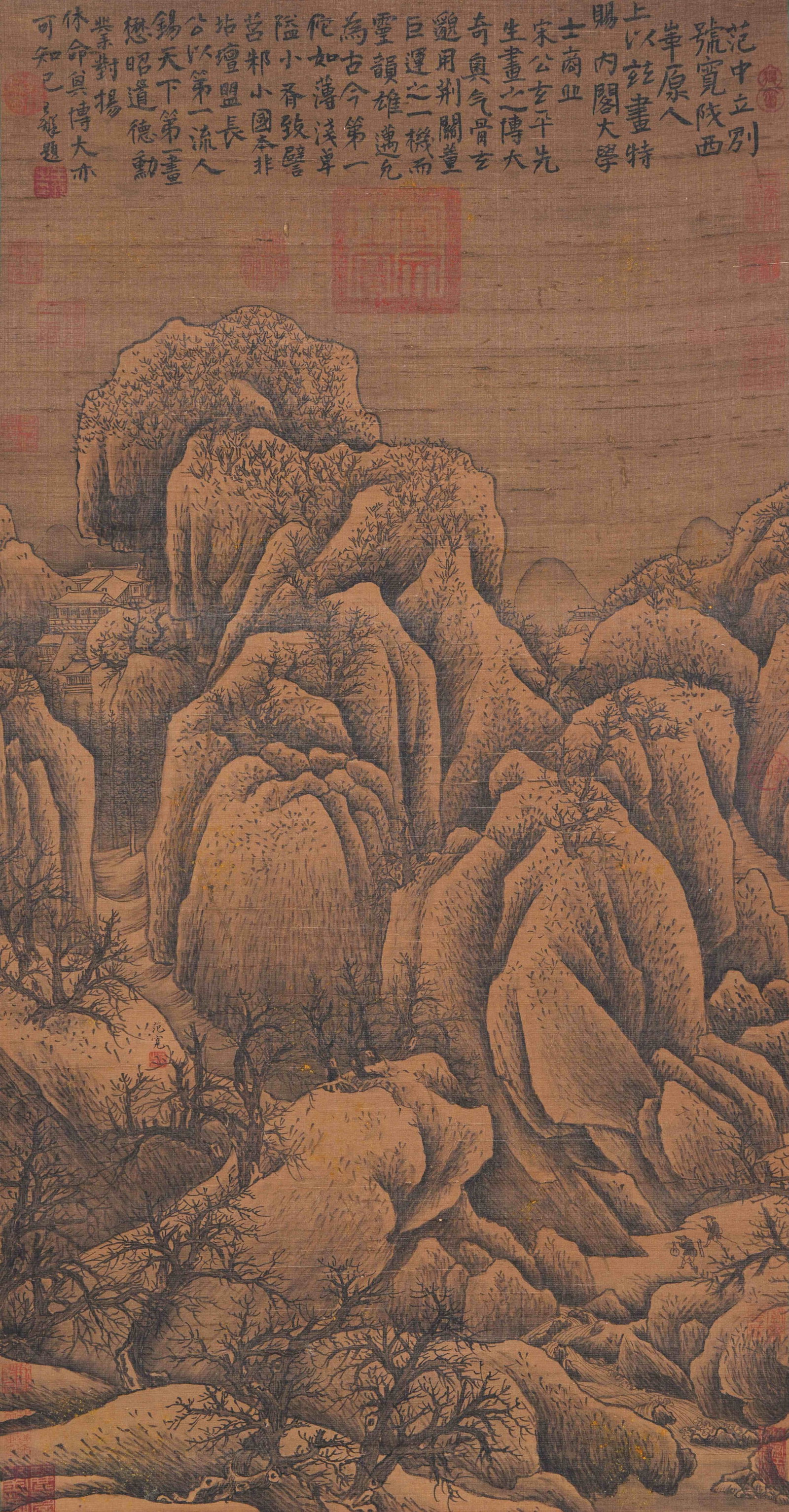 A LANDSCAPE PAINTING ON SILK BY FAN KUAN.範寬: Landscape Painting on Silk by Fan Kuan.範寬