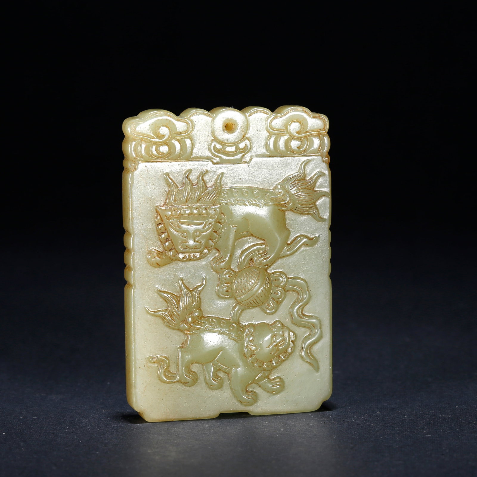 A HETIAN YELLOW JADE CARVED LION ROLLING EMBROIDERED BALL PLAQUE: Hetian Yellow Jade Carved Lion Rolling Embroidered Ball Plaque