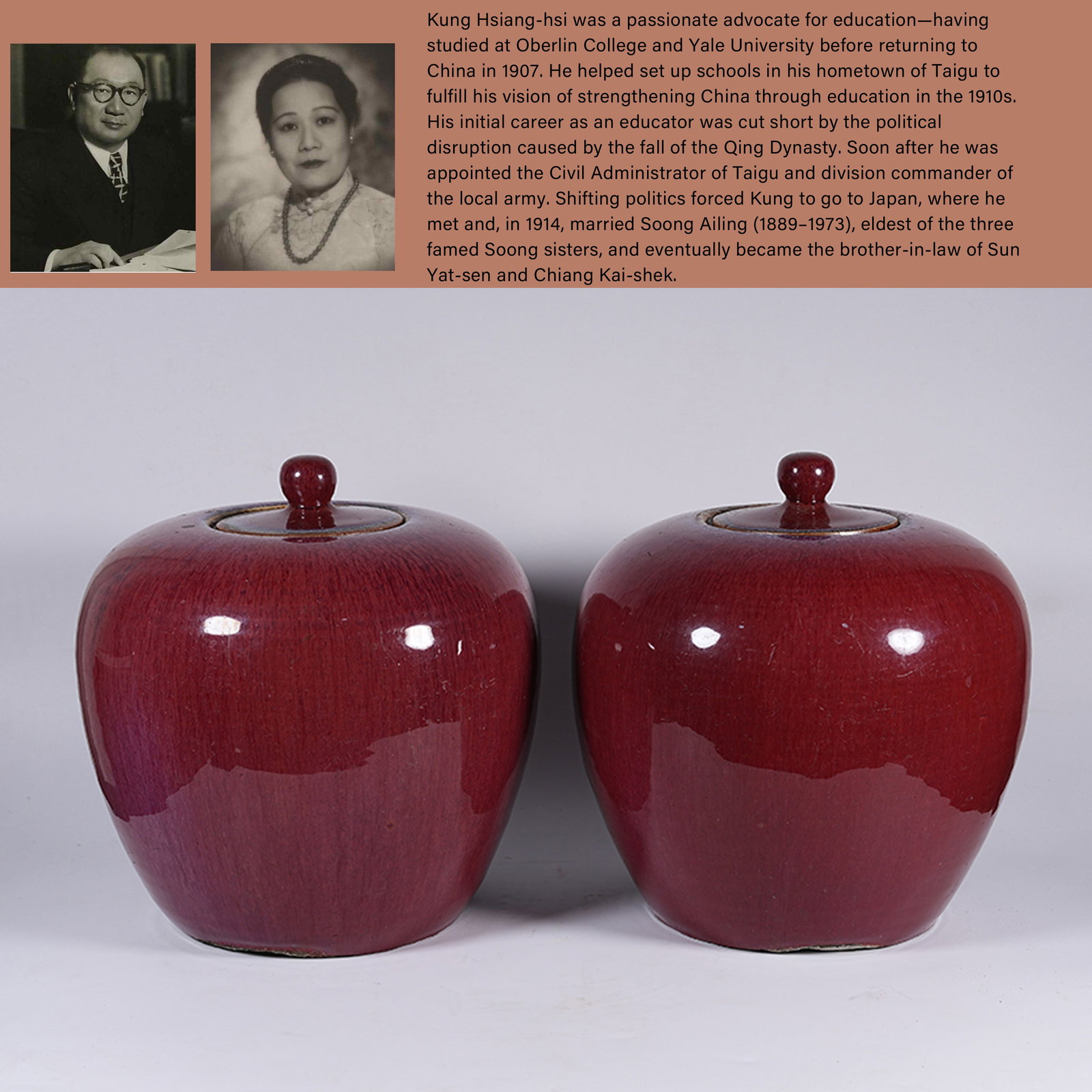 A SET OF FLAMBE GLAZE COVERED JARS: Set of Flambe Glaze Covered Jars. PROVENANCE: Highlight of this sale is part of the collection of K'ung Hsiang-Hsi (Kong Xiangxi, 孔祥熙, 1880-1967). Born in Taigu, Shanxi province,