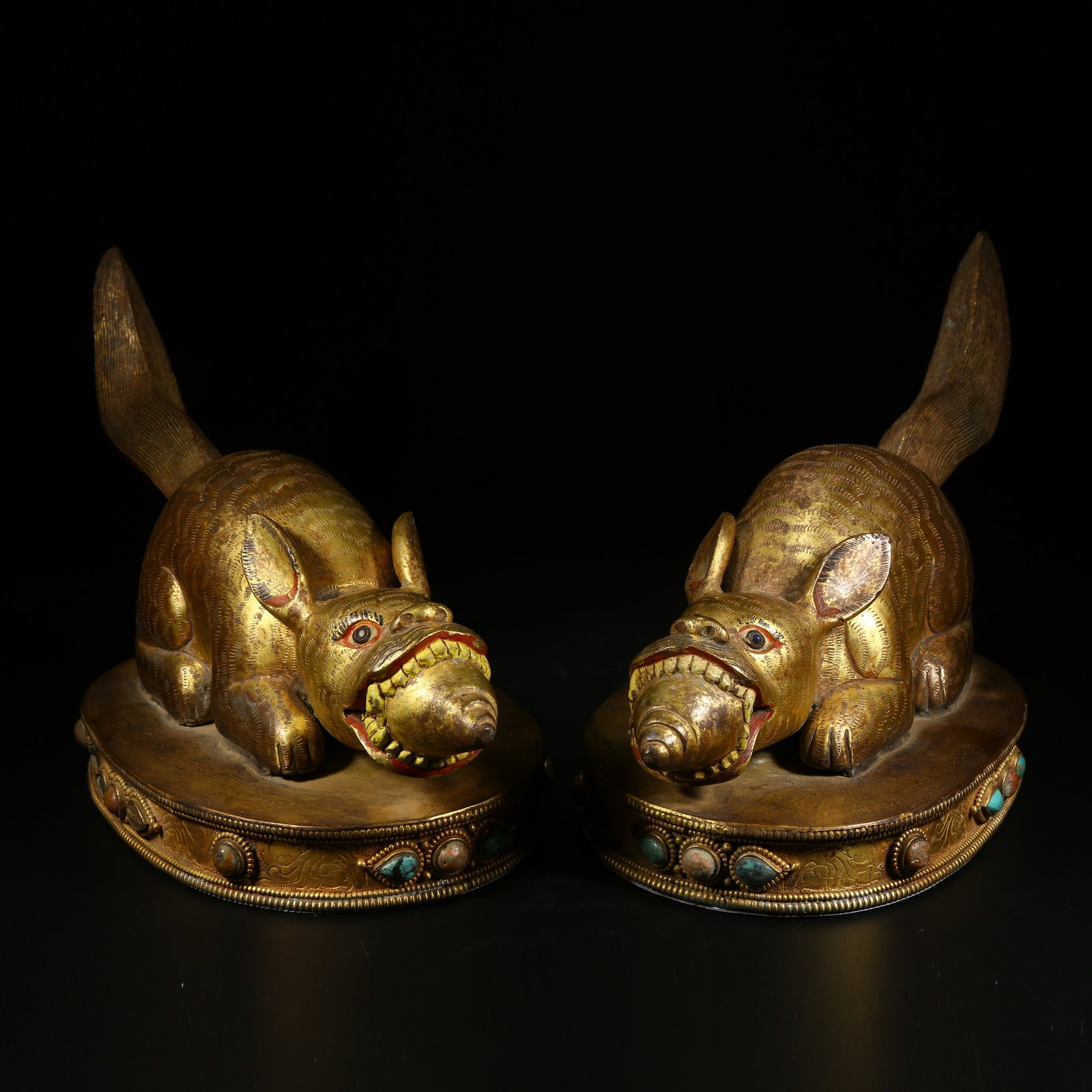 A SET OF GILDED BRONZE TREASURE-SPITTING MICE: A set of gilded bronze treasure-spitting mice