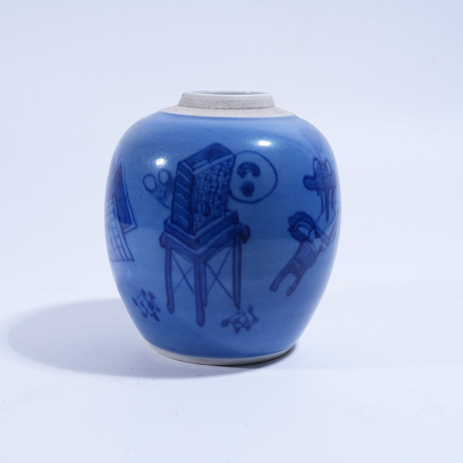 A BLUE-ON-BLUE GLAZE JAR WITH ANTIQUE PATTERN (1 of 9)