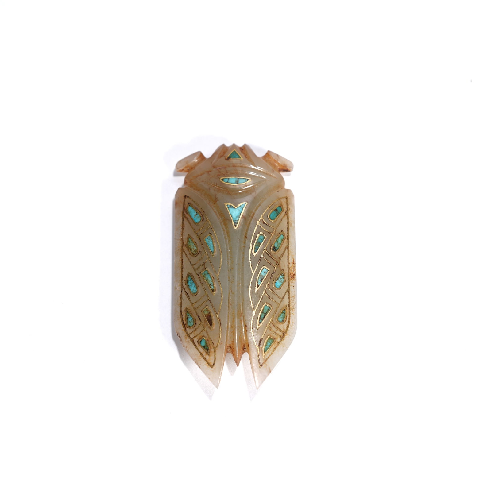 A ANCIENT JADE GILT-INLAID CICADA INLAID WITH TURQUOISE: Ancient jade gilt-inlaid cicada inlaid with turquoise