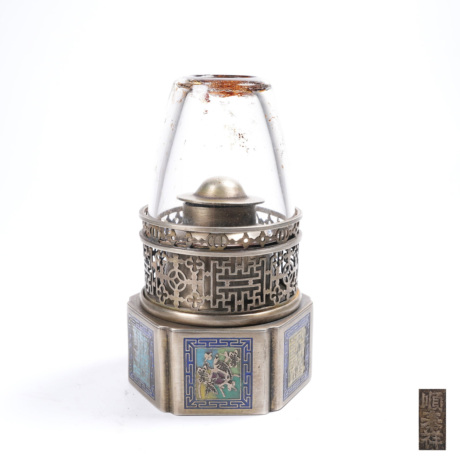 A WHITE BRONZE OIL LAMP INLAID WITH CLOISONNE AUSPICIOUS BEAST (1 of 9)