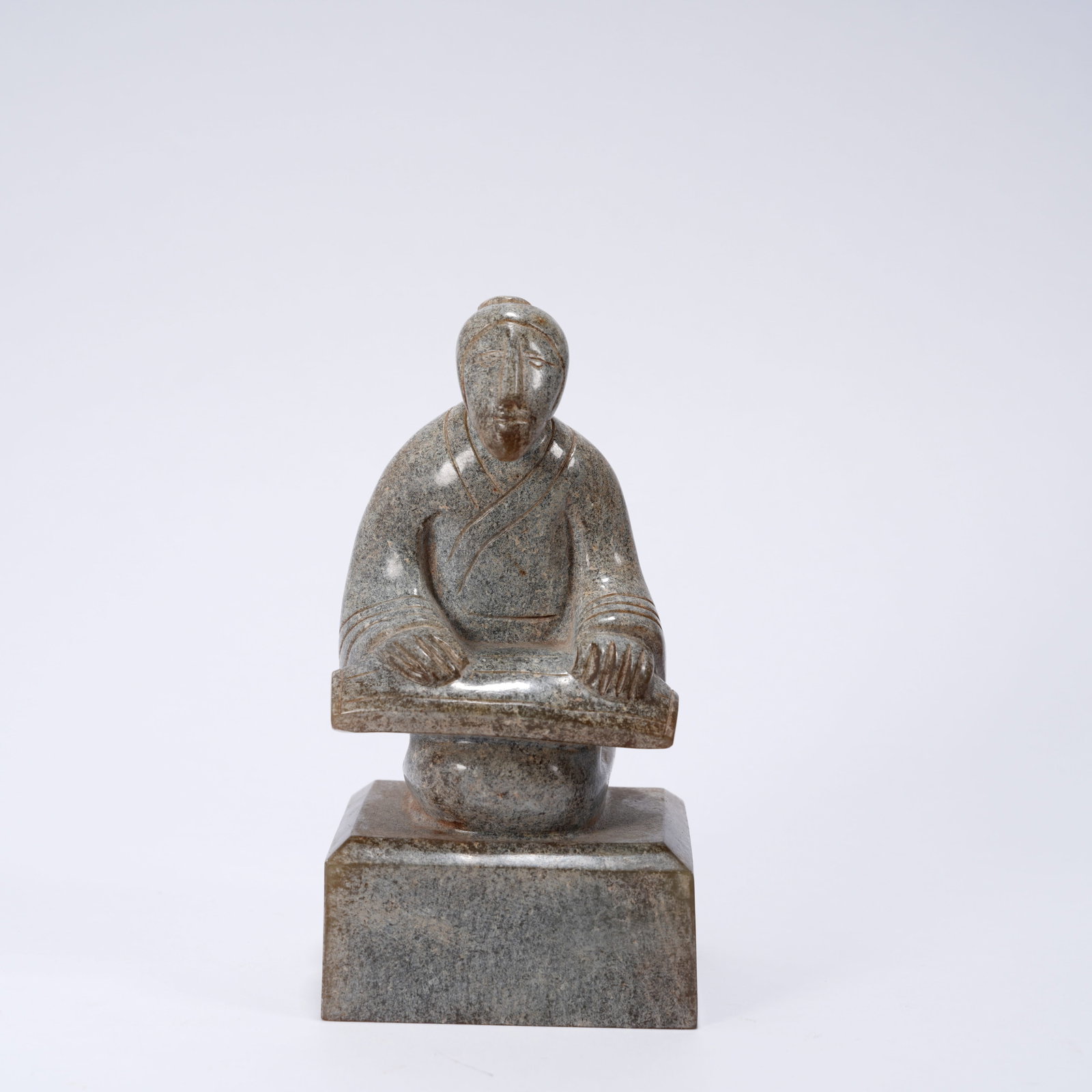 A ANCIENT JADE SEAL WITH KONGHOU (HARP) MUSICIAN FIGURE KNOB: Ancient jade seal with konghou (harp) musician figure knob