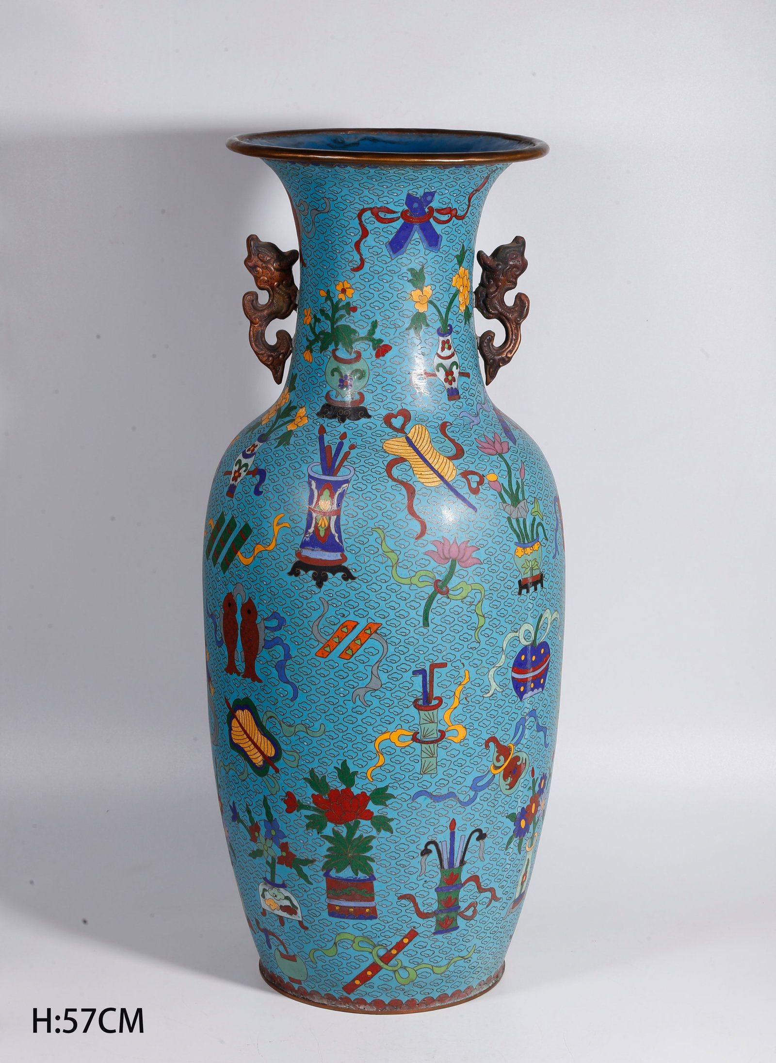 A CLOISONNE DOUBLE DRAGON EAR VASE WITH ANTIQUE PATTERN (PAIR) (1 of 14)