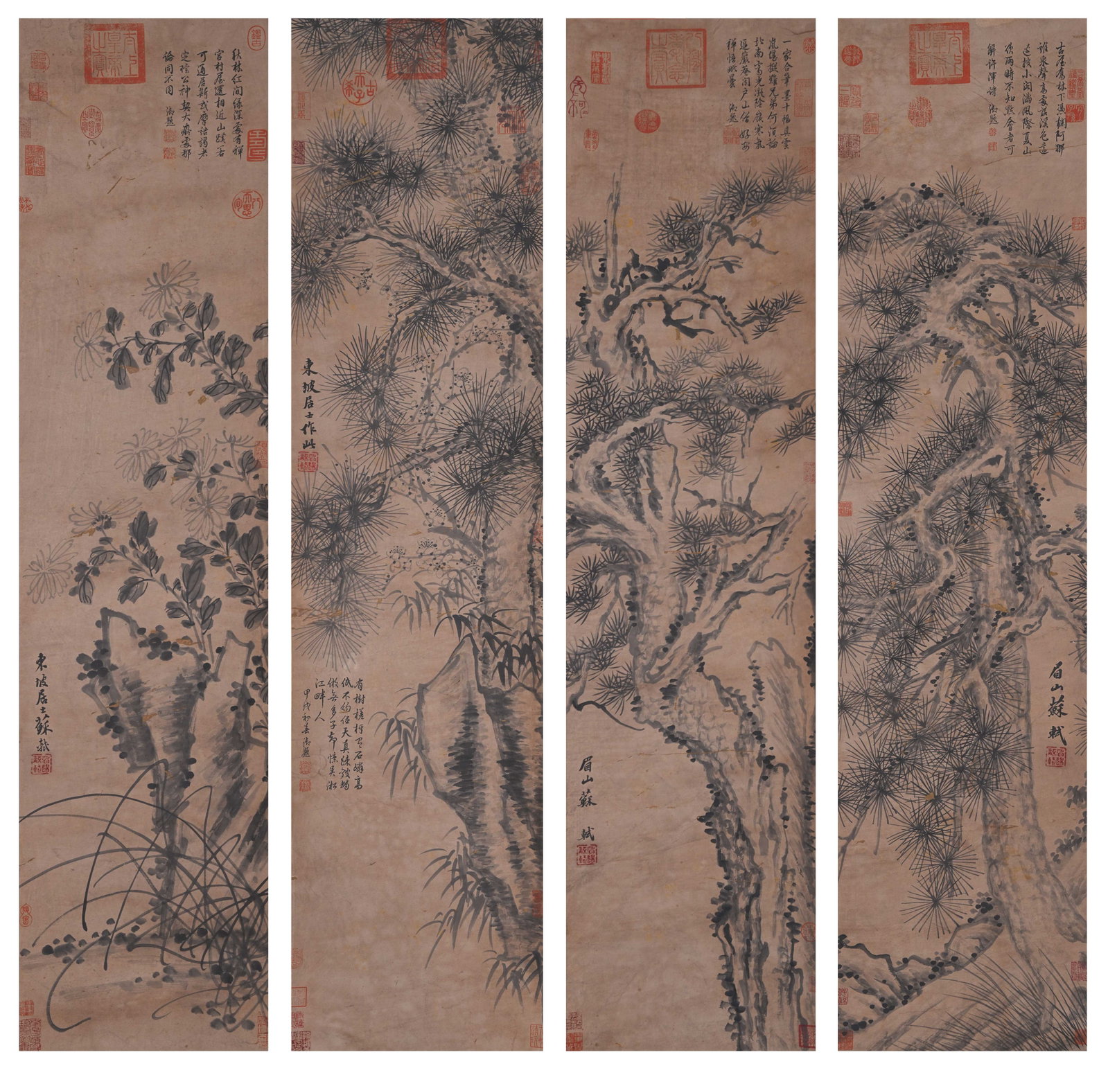 A PINE PAINTINGS ON PAPER BY SU SHI (4 PIECES).蘇軾: Pine Paintings on Paper by Su Shi (4 pieces).蘇軾