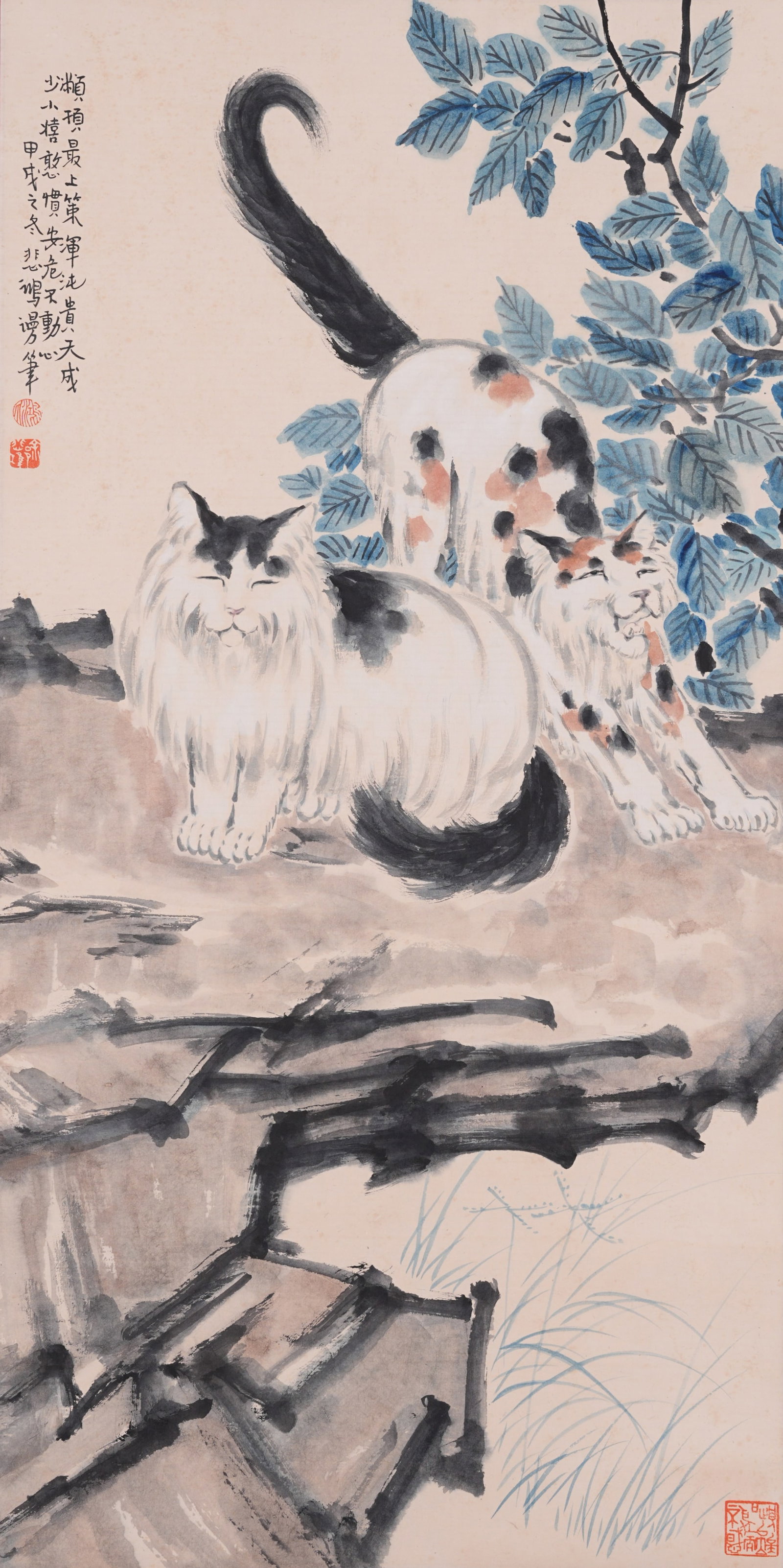 A DOUBLE CATS PAINTING ON PAPER BY XU BEIHONG.徐悲鴻: Double Cats Painting on Paper by Xu Beihong.徐悲鴻