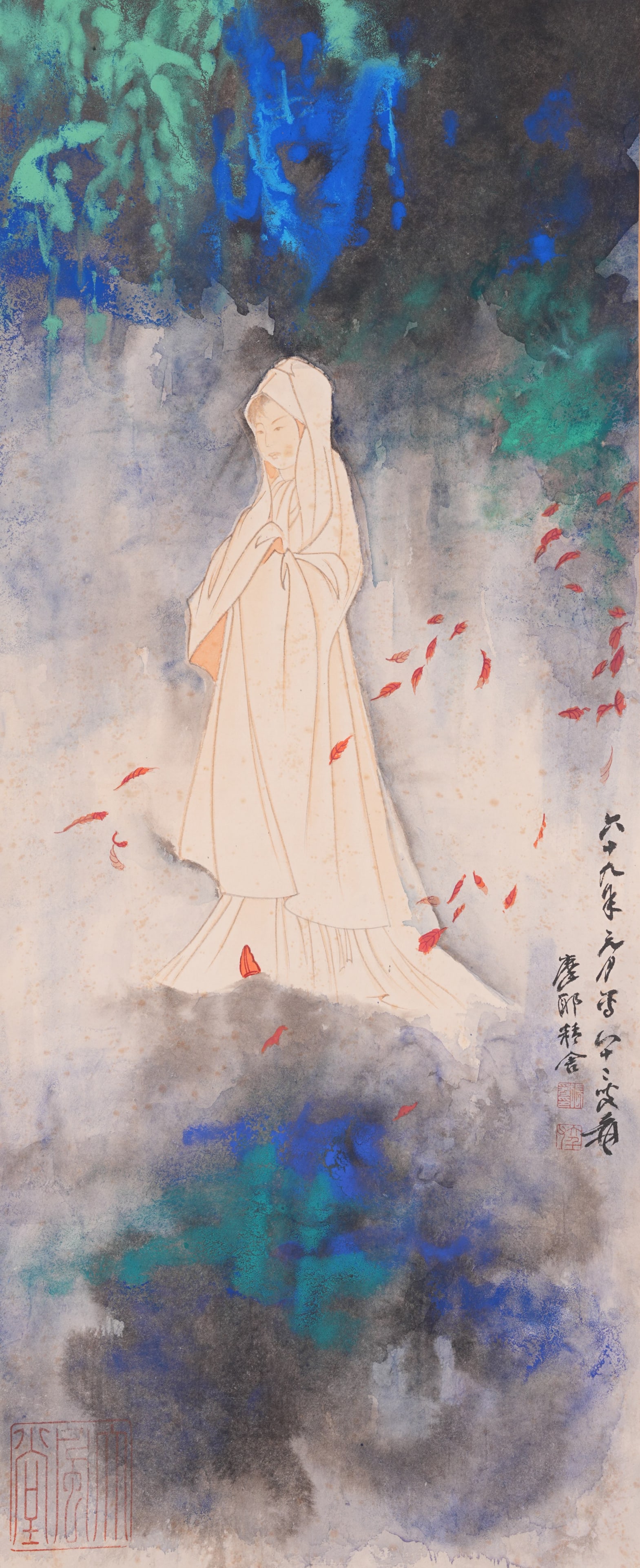 A GUANYIN PAINTING ON PAPER BY ZHANG DAQIAN.張大千: Guanyin Painting on Paper by Zhang Daqian.張大千