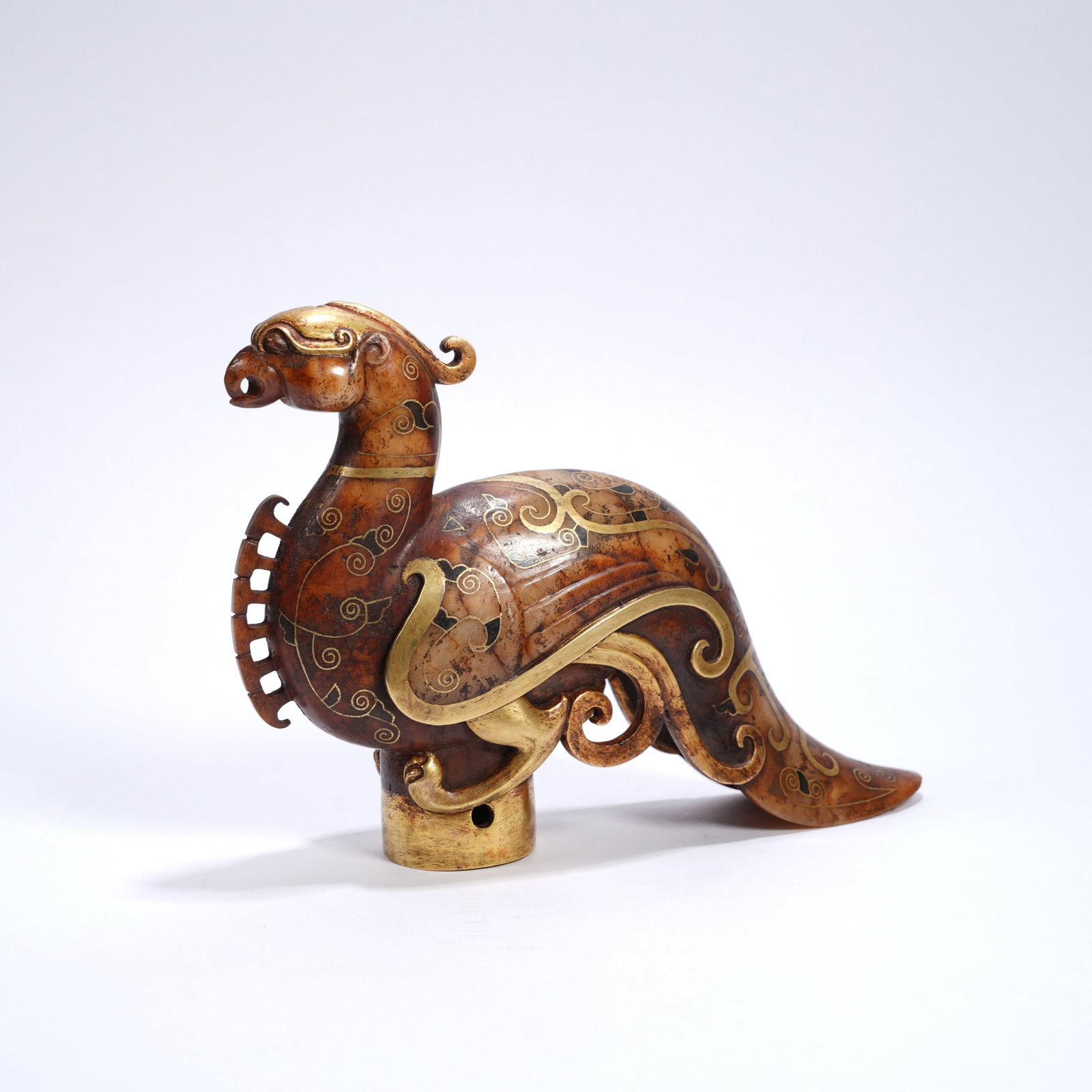 A ANCIENT JADE GILT-INLAID PHOENIX-SHAPED STAFF HEAD (1 of 8)