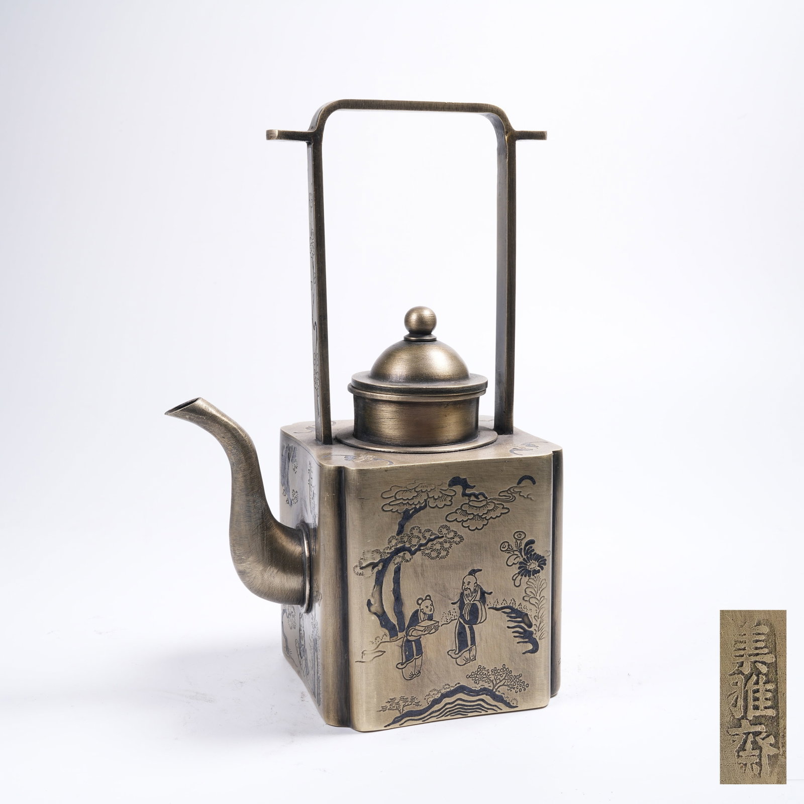 A WHITE BRONZE LOOP-HANDLE EWER WITH SCHOLARS UNDER PINE PATTERN (1 of 9)
