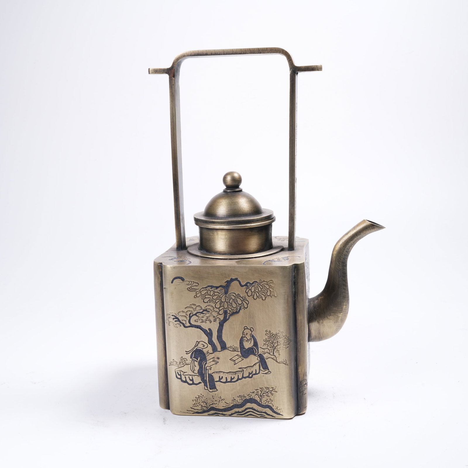 A WHITE BRONZE LOOP-HANDLE EWER WITH SCHOLARS UNDER PINE PATTERN - 3