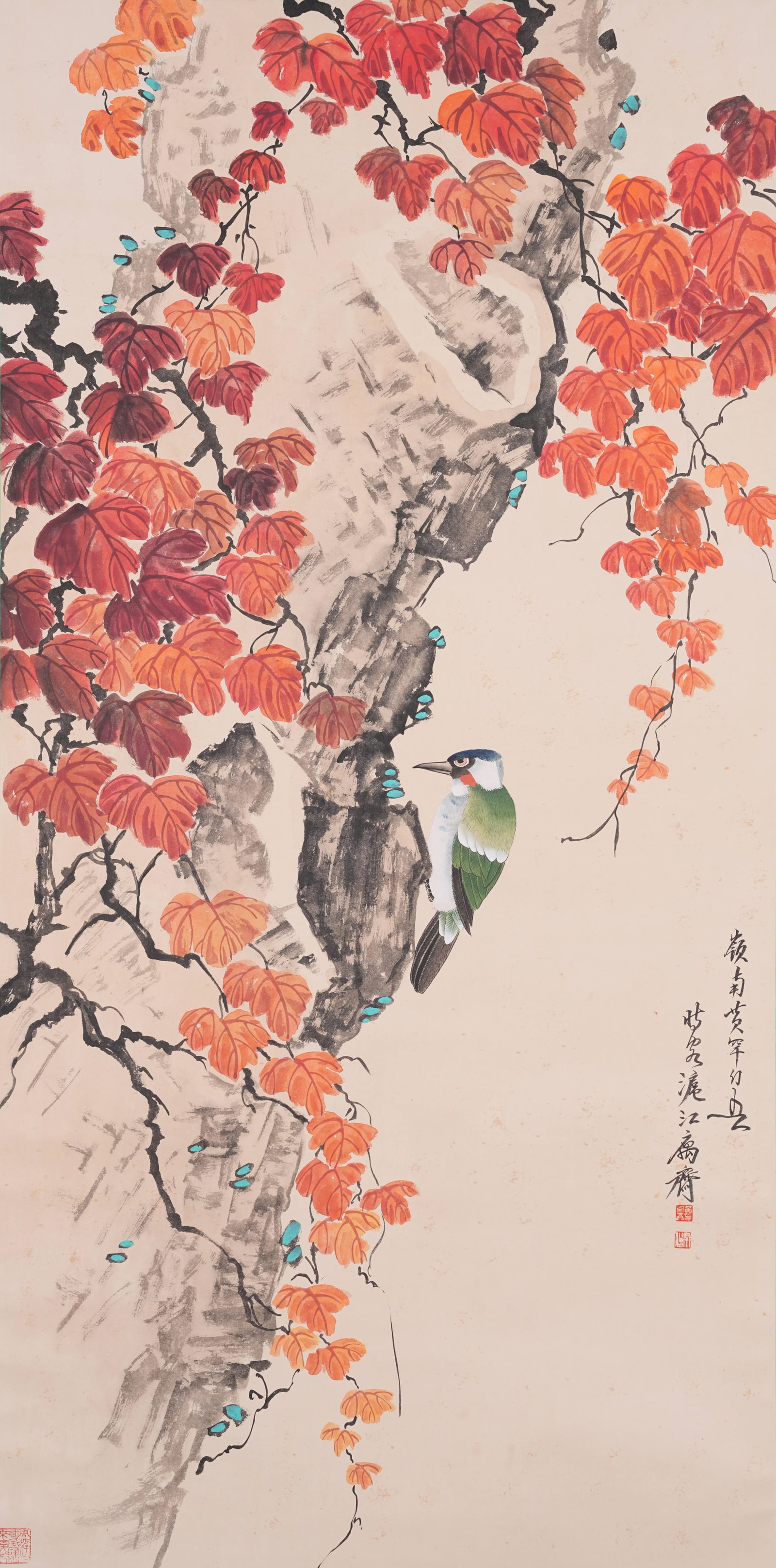 A FLOWER AND BIRD PAINTING ON PAPER BY HUANG HUANWU.黃幻吾: Flower and Bird Painting on Paper by Huang Huanwu.黃幻吾