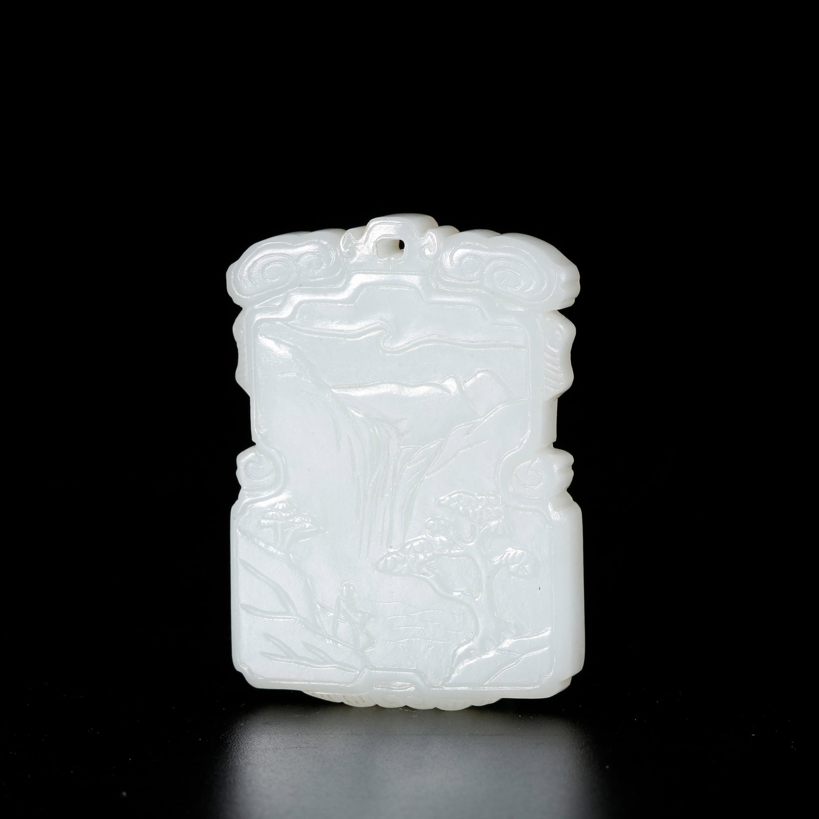 A HETIAN JADE LANDSCAPE AND PAVILION PATTERN PLAQUE: Hetian Jade Landscape and Pavilion Pattern Plaque
