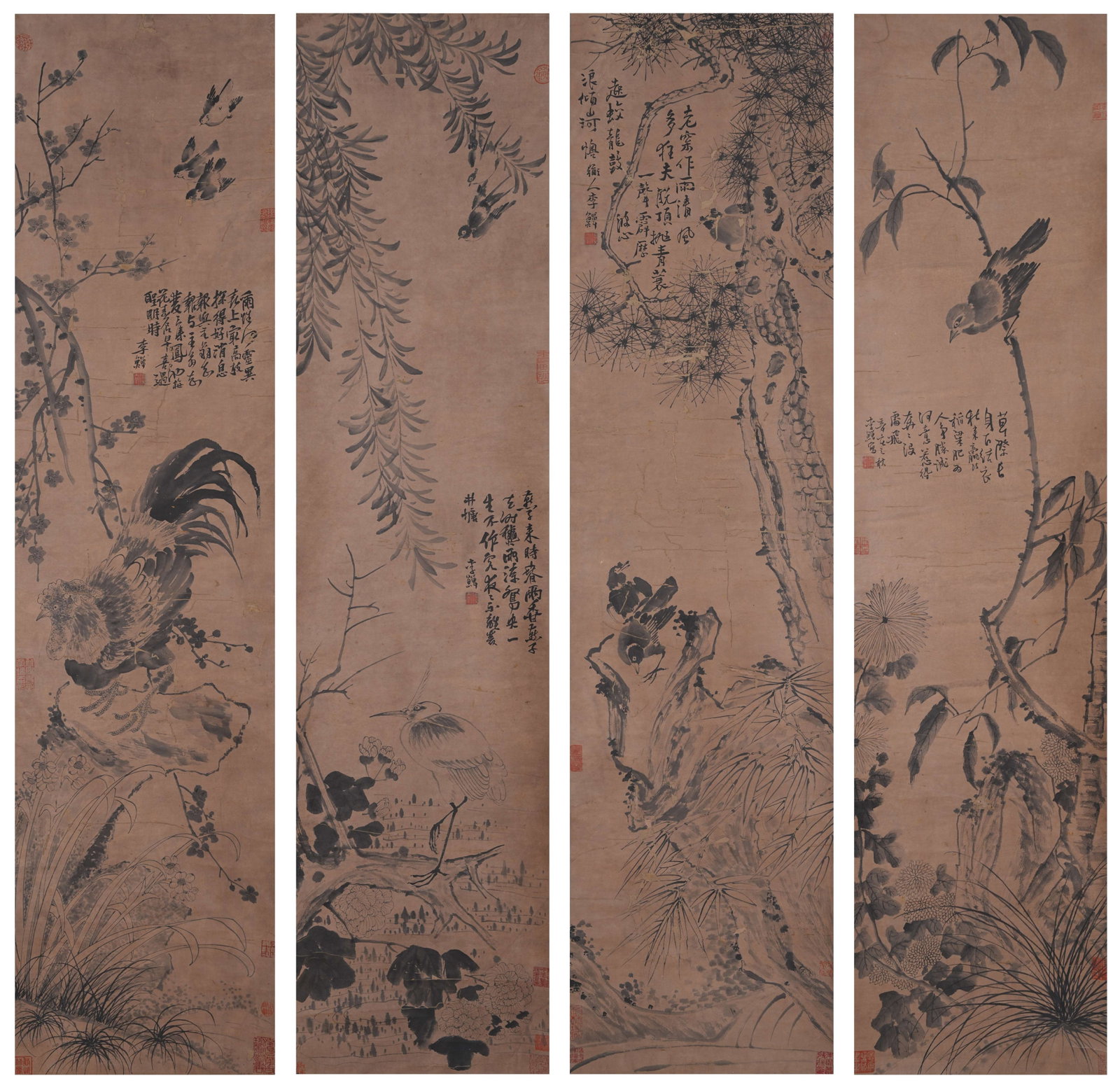 A FLOWER AND BIRD PAINTINGS ON PAPER BY LI SHAN (4 PIECES).李鱓: Flower and Bird Paintings on Paper by Li Shan (4 pieces).李鱓