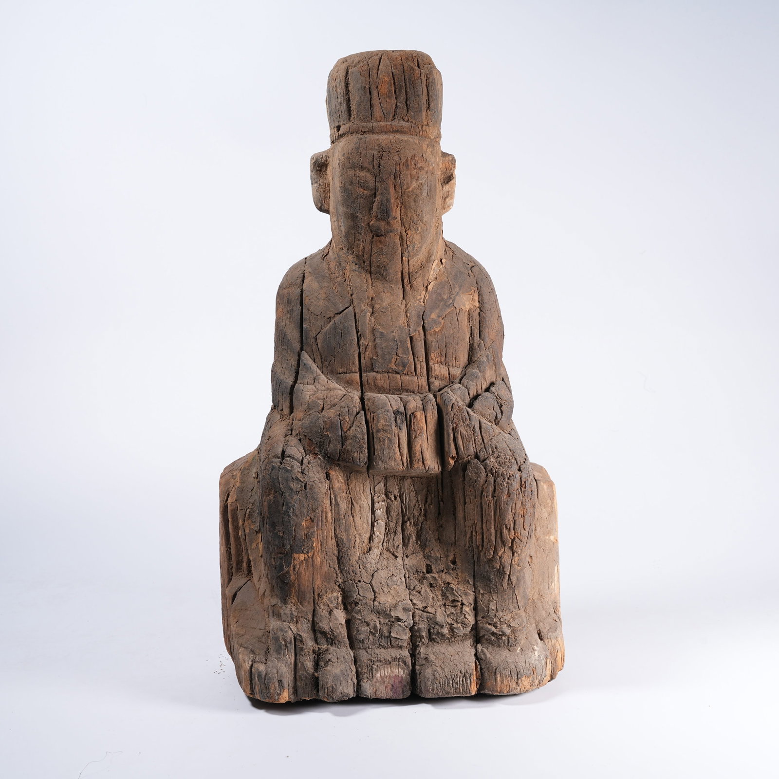 A WOODEN SEATED CIVIL OFFICIAL STATUE: Wooden Seated Civil Official Statue