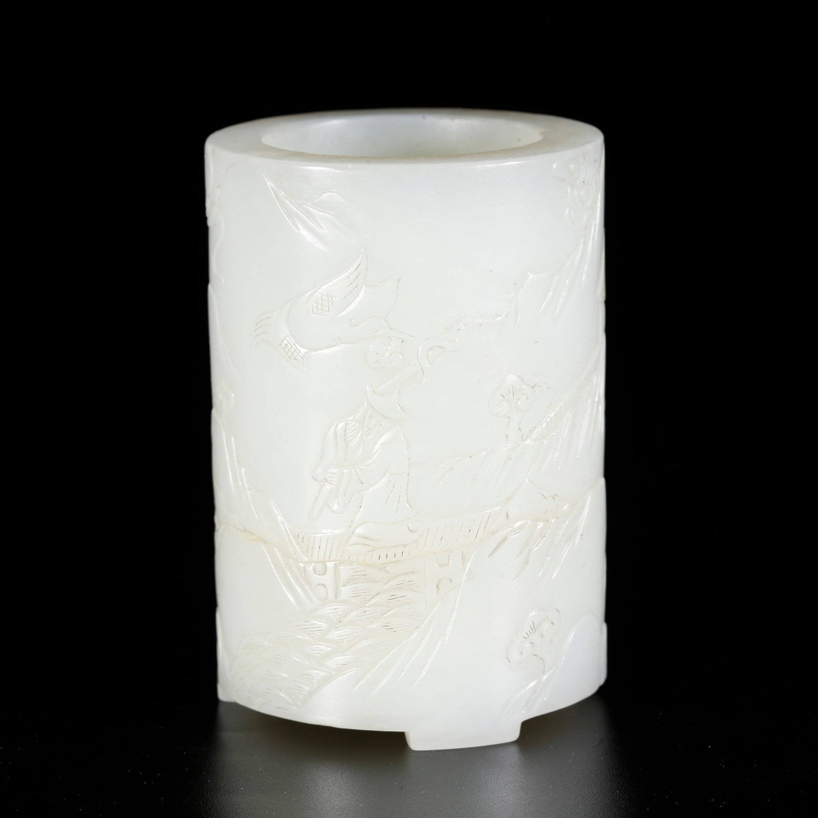 A HETIAN JADE BRUSH POT WITH LANDSCAPE AND FIGURE PATTERN (1 of 11)