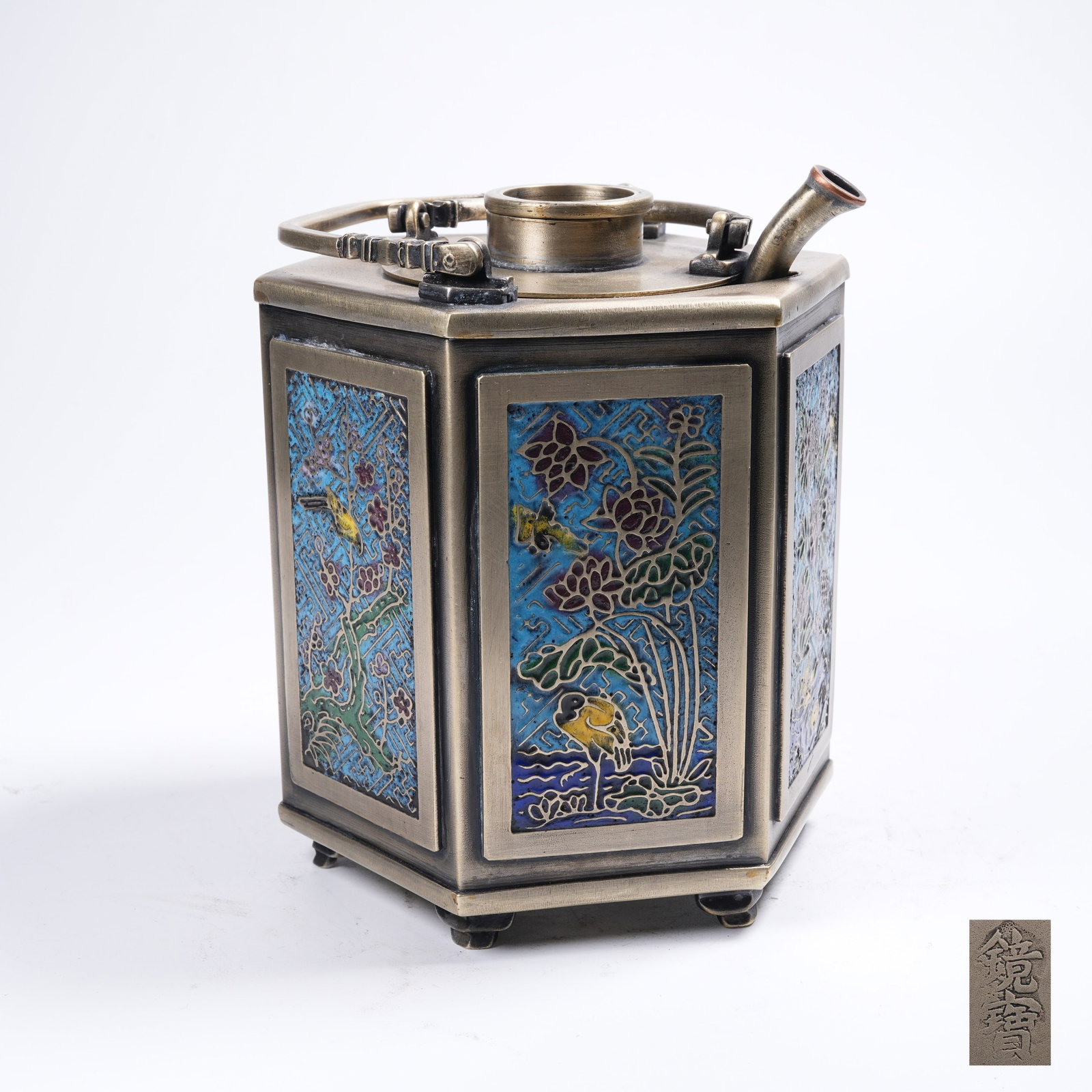 A WHITE BRONZE WINE WARMER INLAID WITH CLOISONNE: White Bronze Wine Warmer Inlaid with Cloisonne