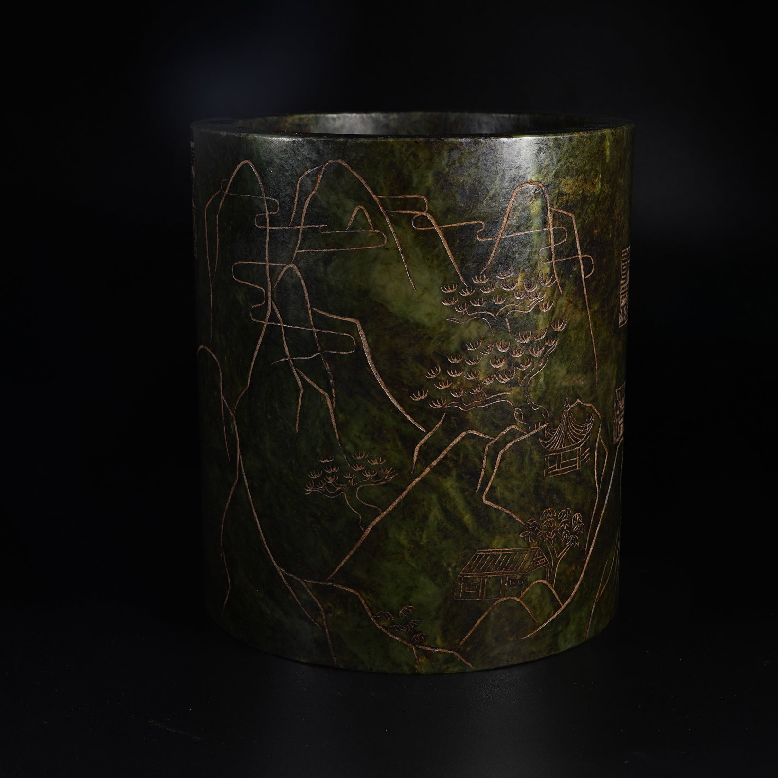 A HETIAN GREEN JADE BRUSH POT WITH LANDSCAPE PATTERN (1 of 10)