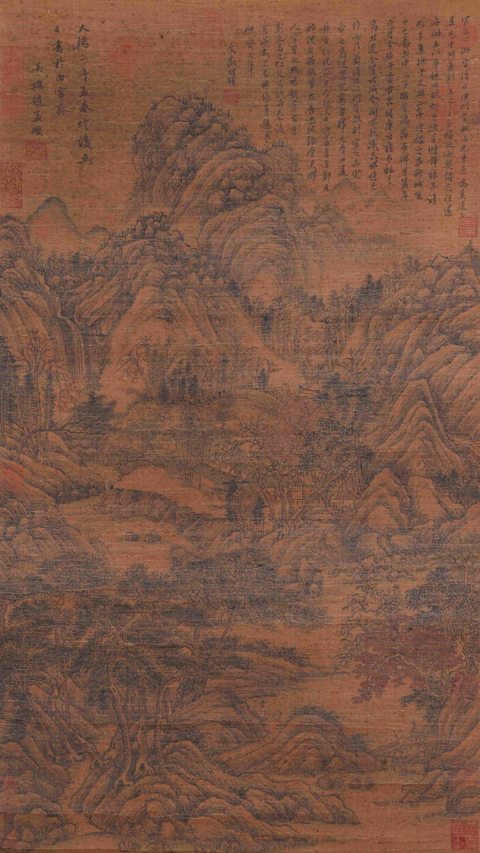 A LANDSCAPE PAINTING ON SILK BY ZHAO MENGFU.趙孟頫: Landscape Painting on Silk by Zhao Mengfu.趙孟頫