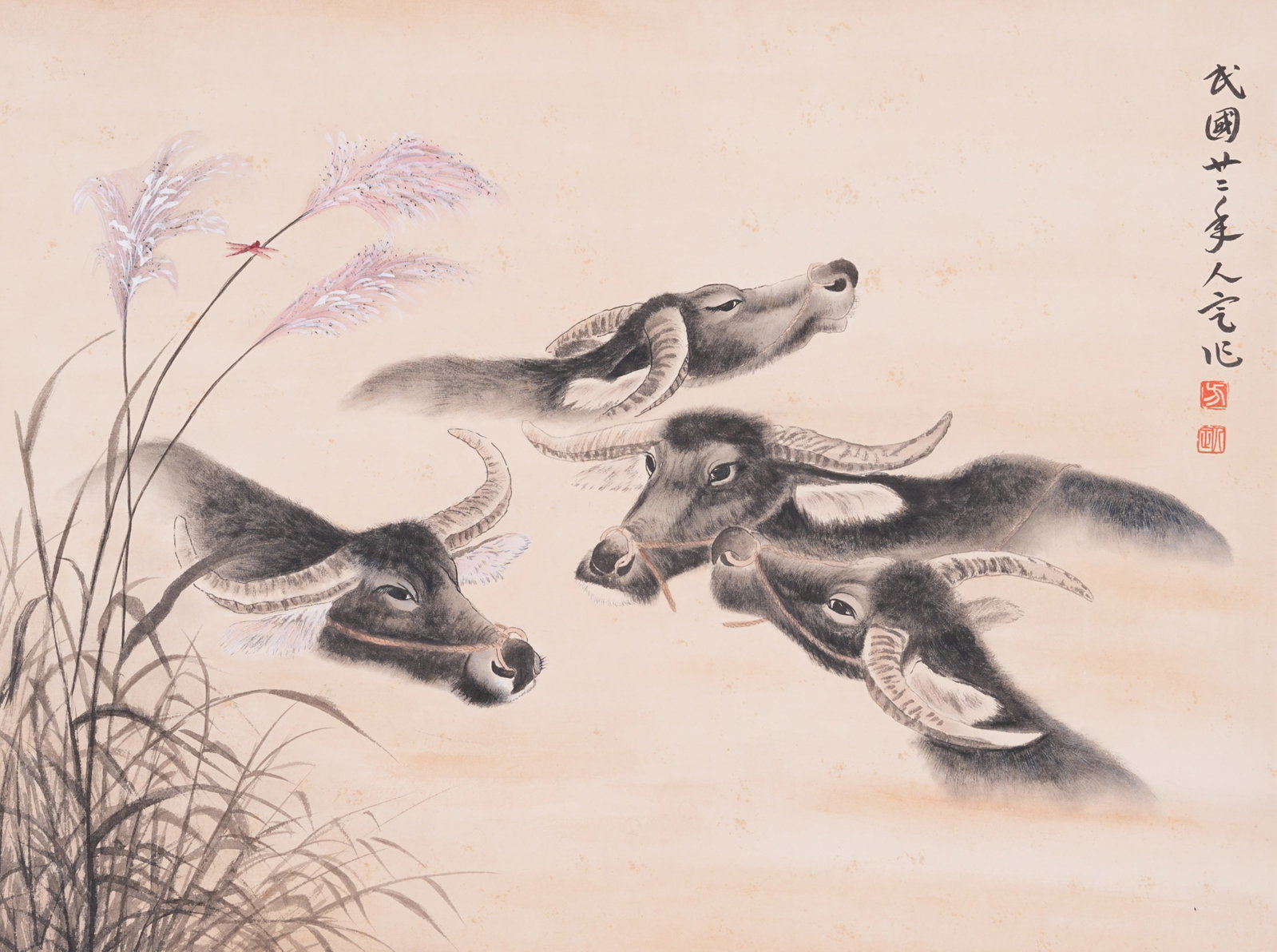 A BUFFALO PAINTING ON PAPER BY FANG RENDONG.方人定: Buffalo Painting on Paper by Fang Rendong.方人定