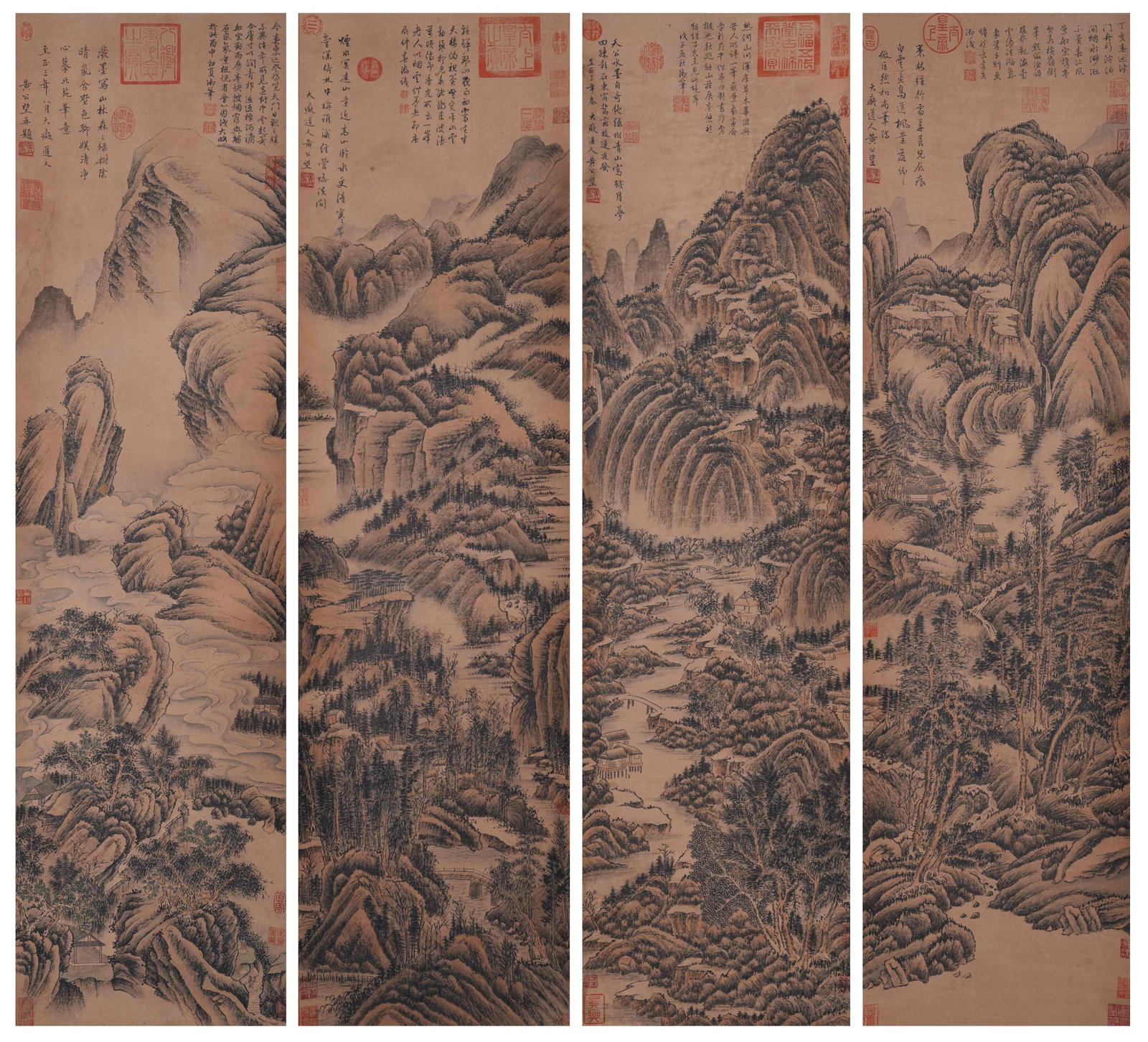 A LANDSCAPE PAINTINGS ON PAPER BY HUANG GONGWANG (4 PIECES).黃公望: Landscape Paintings on Paper by Huang Gongwang (4 pieces).黃公望