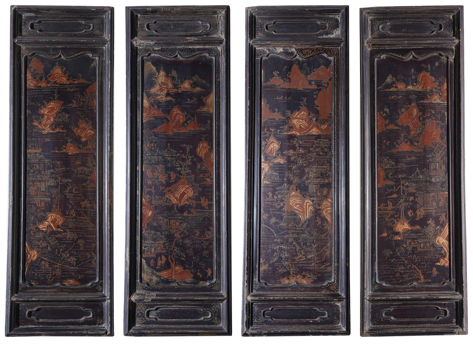 A SET OF FOUR LACQUER GILT HANGING SCREENS WITH LANDSCAPE AND PAVILION PATTERN (1 of 13)