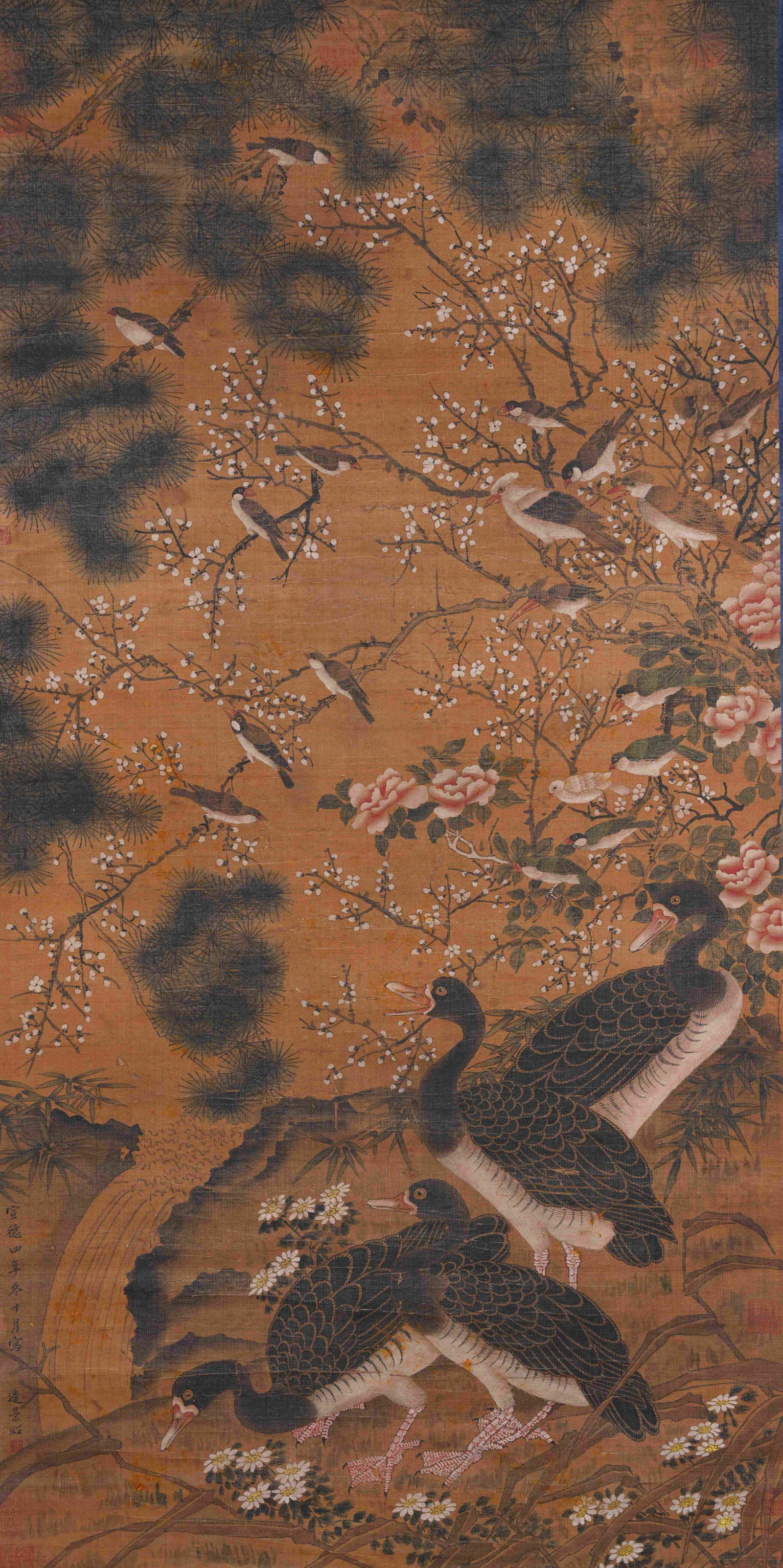 A FLOWER AND BIRD PAINTING ON SILK BY BIAN JINGZHAO.邊景昭: Flower and Bird Painting on Silk by Bian Jingzhao.邊景昭