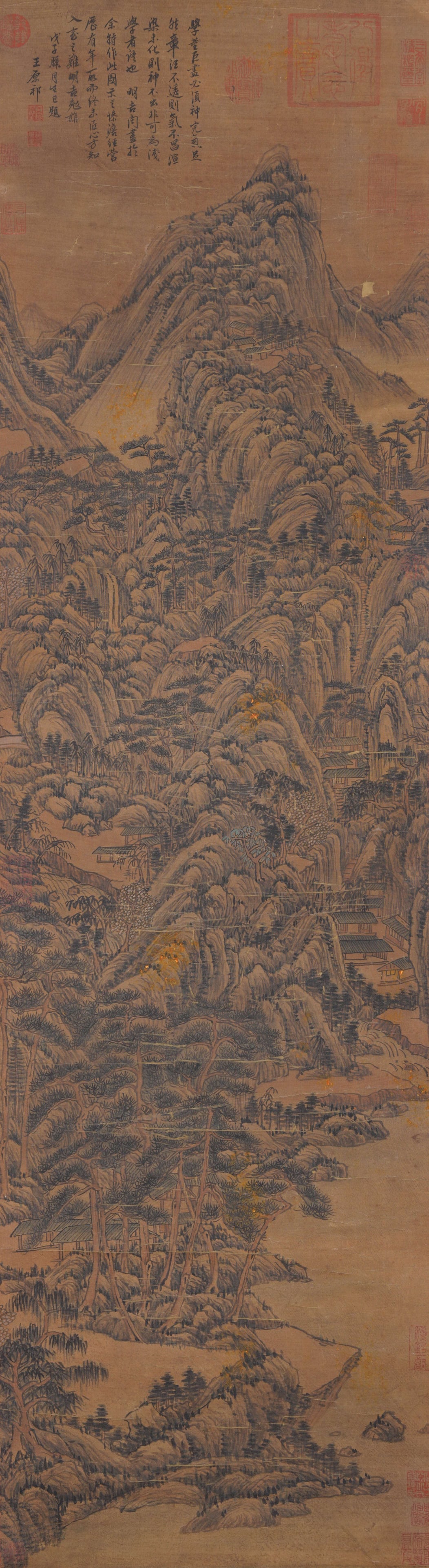 A LANDSCAPE PAINTING ON SILK BY WANG YUANQI.王原祁: Landscape Painting on Silk by Wang Yuanqi.王原祁