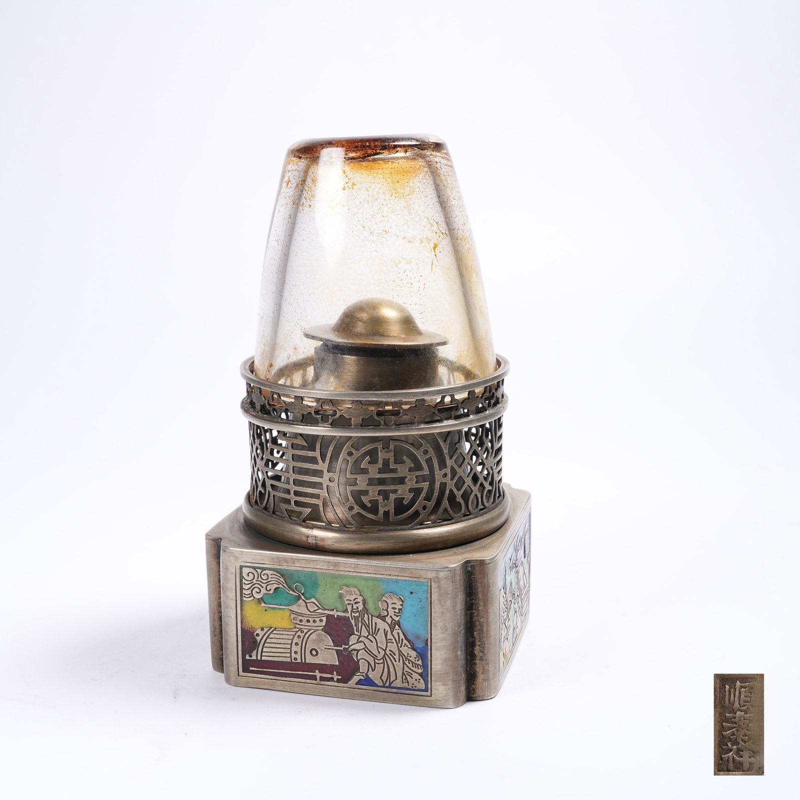 A WHITE BRONZE SQUARE CANTED-CORNER OIL LAMP INLAID WITH CLOISONNE (1 of 9)