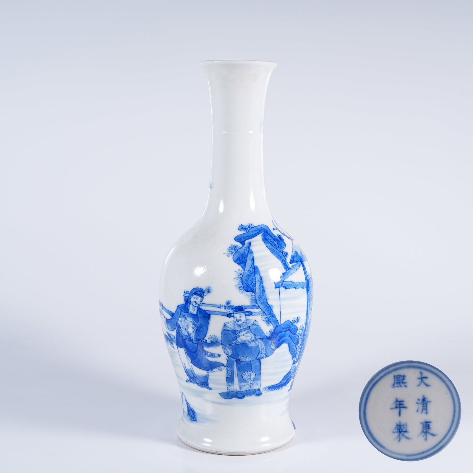A BLUE AND WHITE APPRECIATION VASE WITH COURTYARD FIGURE STORY PATTERN: Blue and White Appreciation Vase with Courtyard Figure Story Pattern