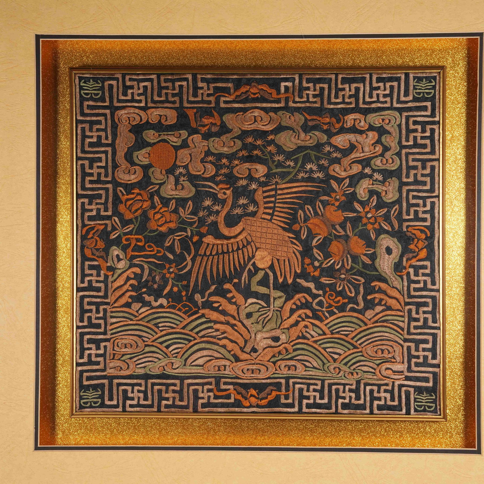 A MANDARIN SQUARE PATCH WITH AUSPICIOUS CLOUD AND CRANE PATTERN (1 of 6)