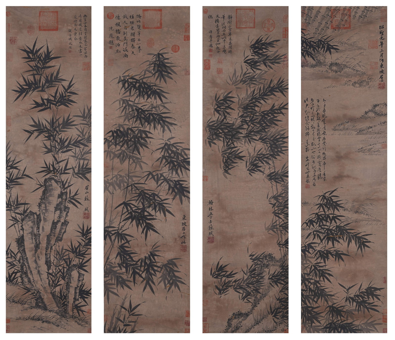 A INK BAMBOO PAINTINGS ON PAPER BY SU SHI (4 PIECES).蘇軾: Ink Bamboo Paintings on Paper by Su Shi (4 pieces).蘇軾